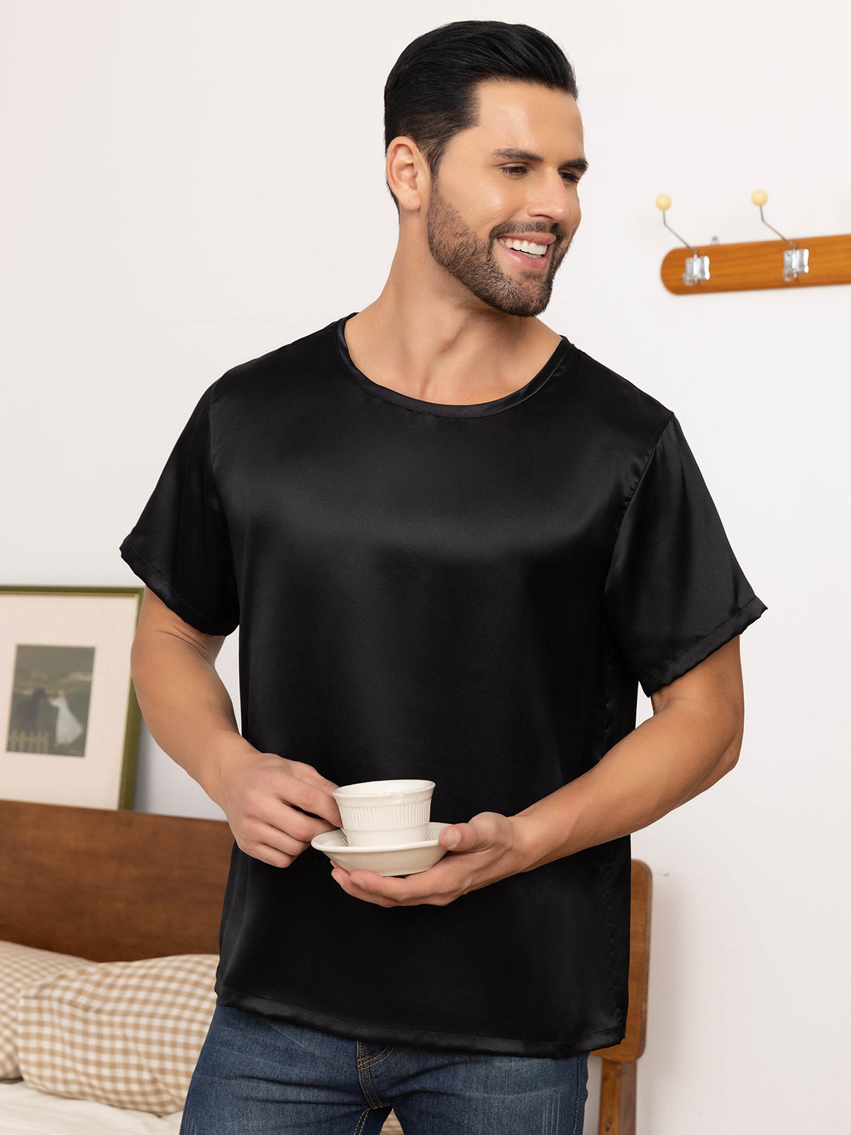 [Black] SilkSilky-UK Pure Silk Short Sleeve Round Neck Men's T-Shirt 006