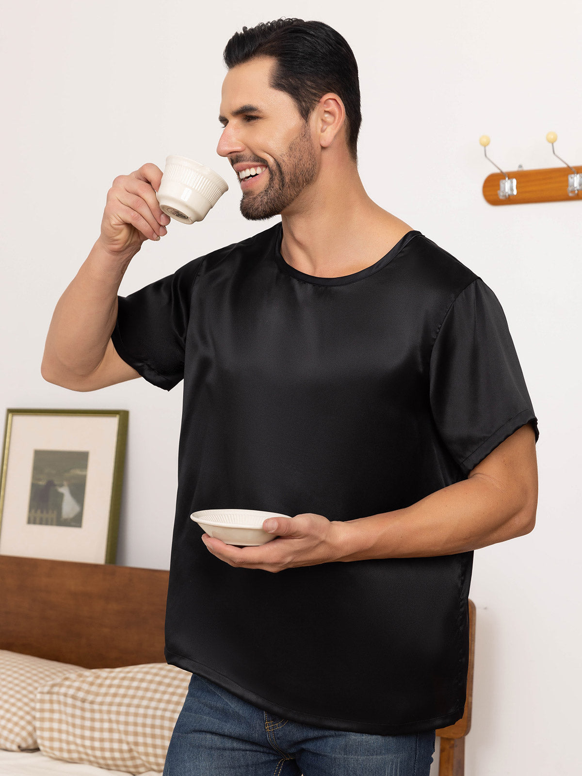 [Black] SilkSilky-UK Pure Silk Short Sleeve Round Neck Men's T-Shirt 007