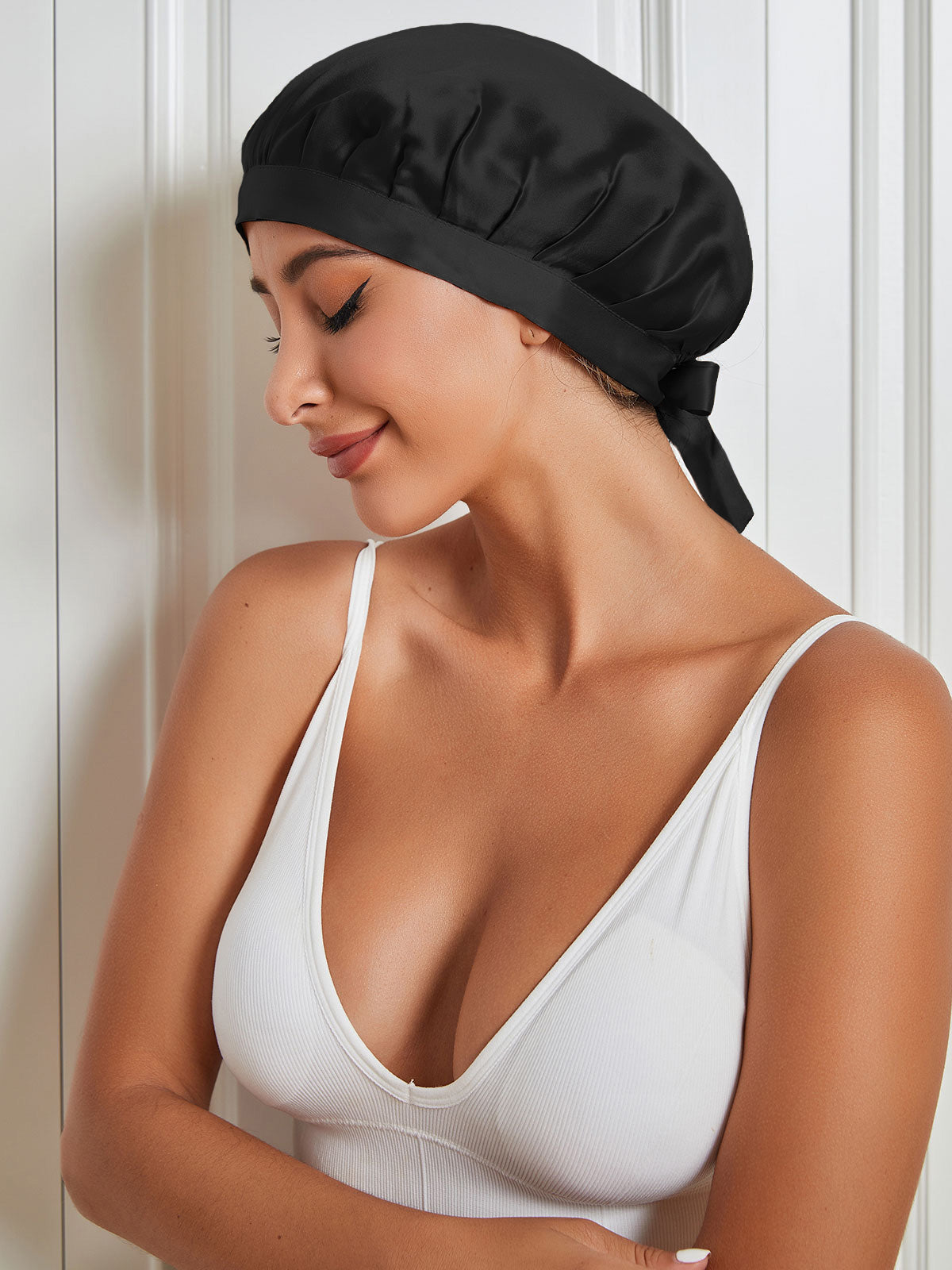 [Black] SilkSilky-UK Pure Silk Sleep Cap 001