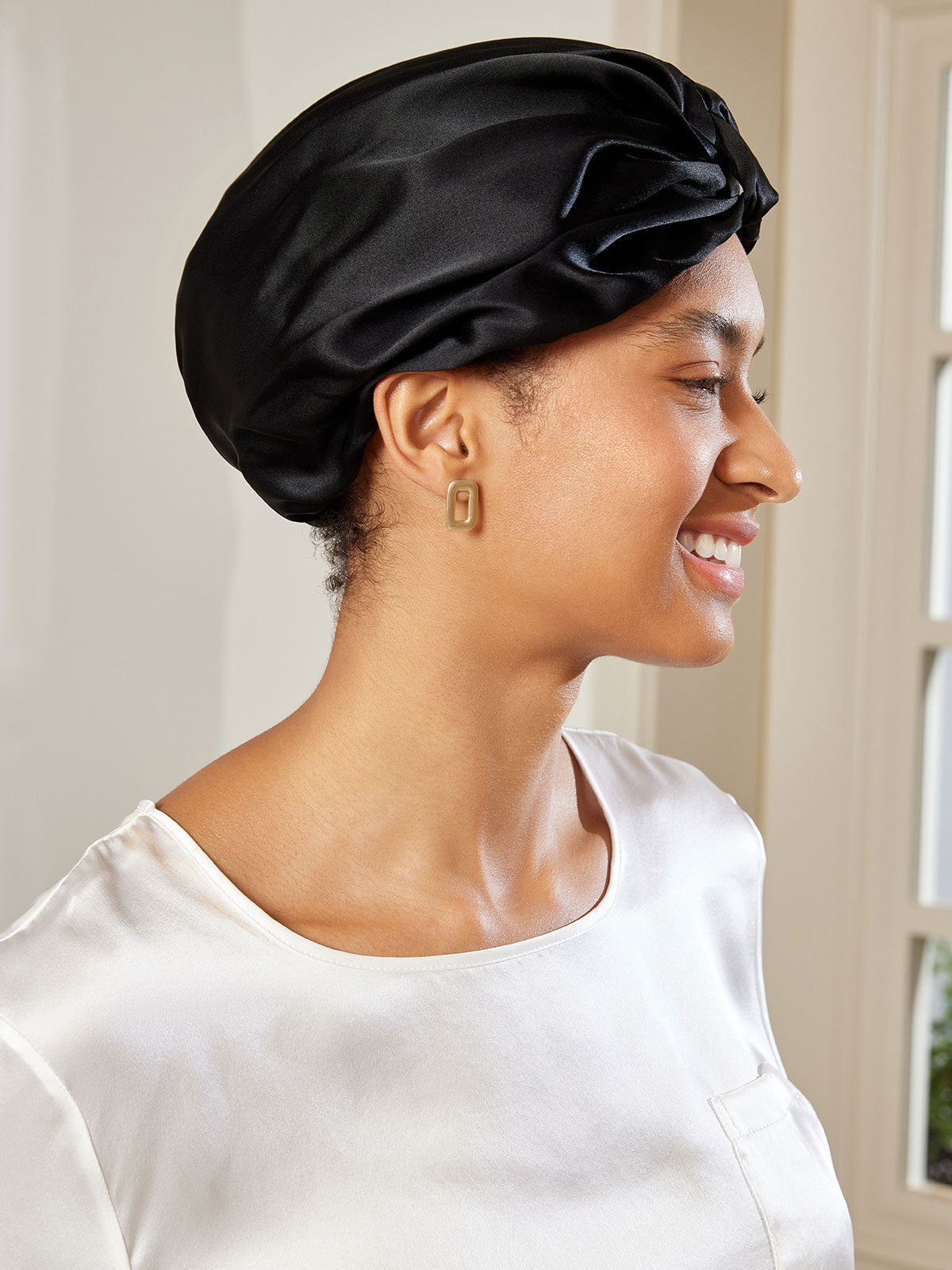 [Black] SilkSilky-UK Pure Silk Sleep Cap 004