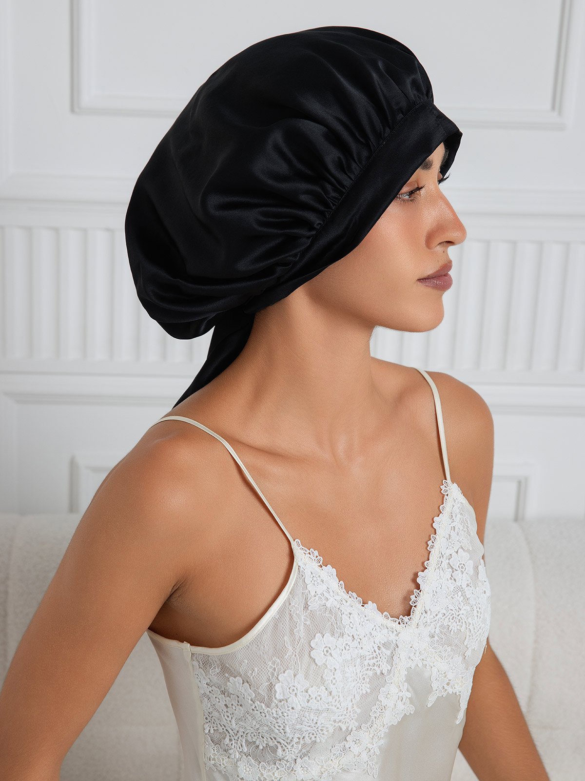 [Black] SilkSilky-UK Pure Silk Sleep Cap 004