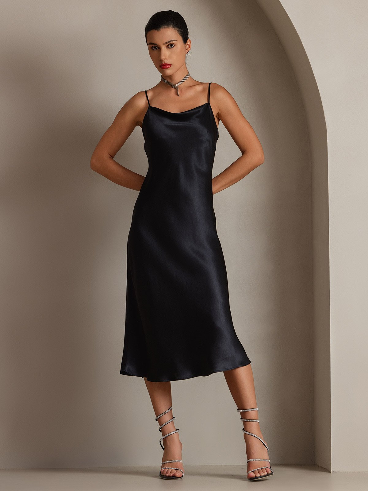 [Black] SilkSilky-UK Pure Silk Sleeveless Cowl Neck Dress 001