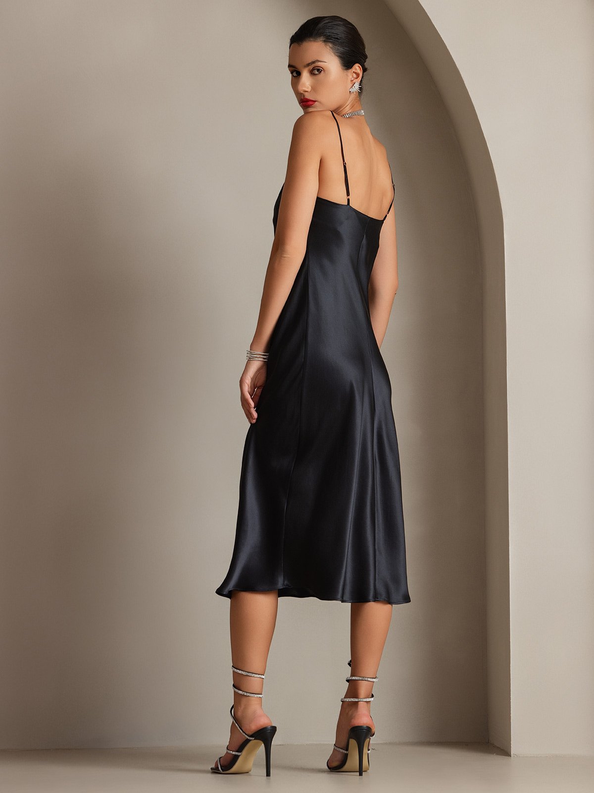 [Black] SilkSilky-UK Pure Silk Sleeveless Cowl Neck Dress 002