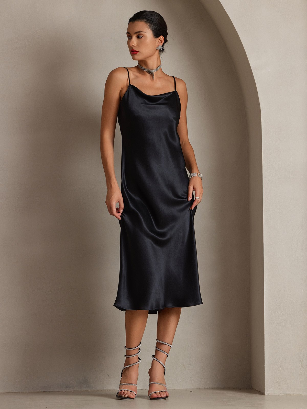 [Black] SilkSilky-UK Pure Silk Sleeveless Cowl Neck Dress 003