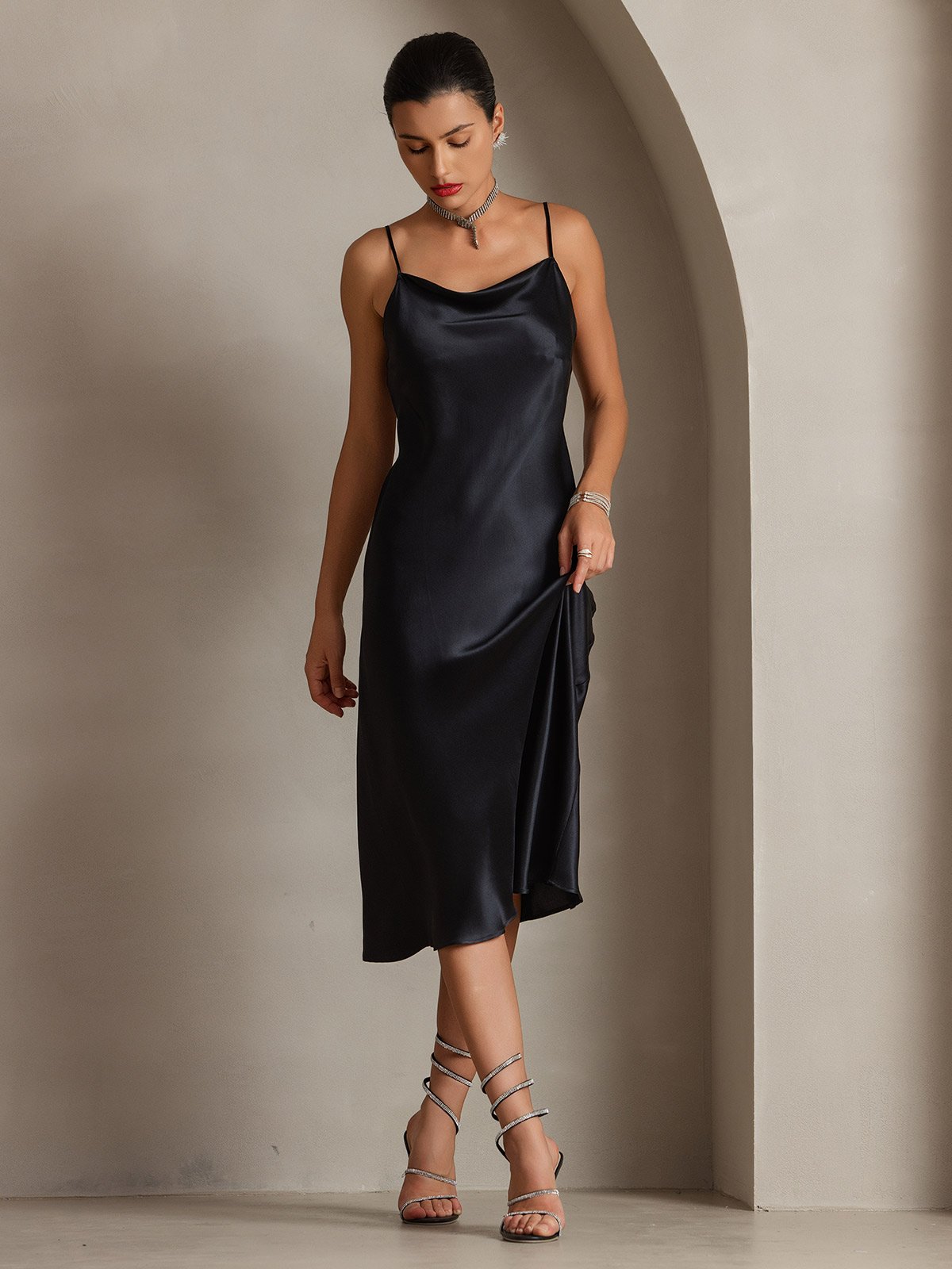 [Black] SilkSilky-UK Pure Silk Sleeveless Cowl Neck Dress 004