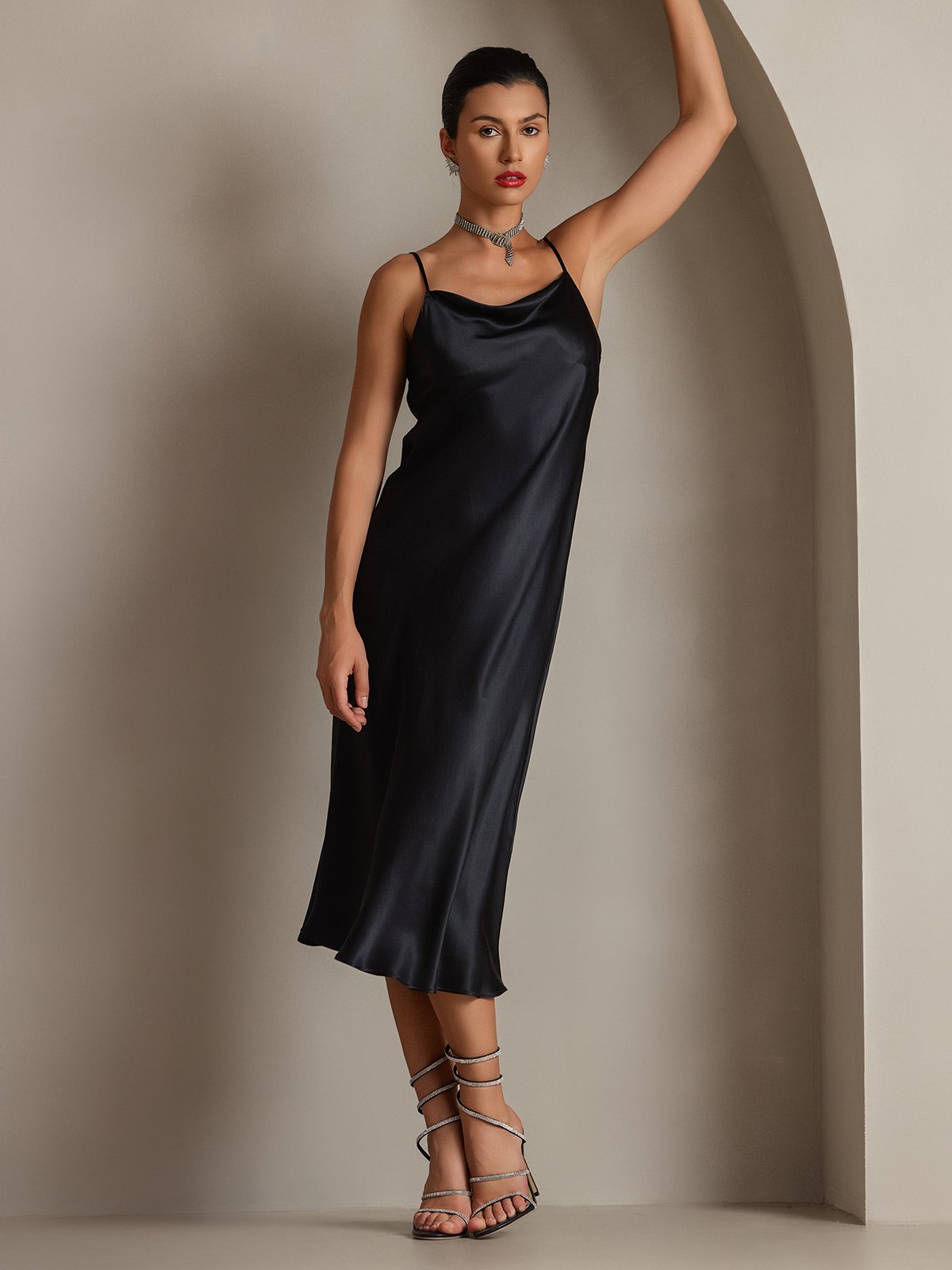 [Black] SilkSilky-UK Pure Silk Sleeveless Cowl Neck Dress 005