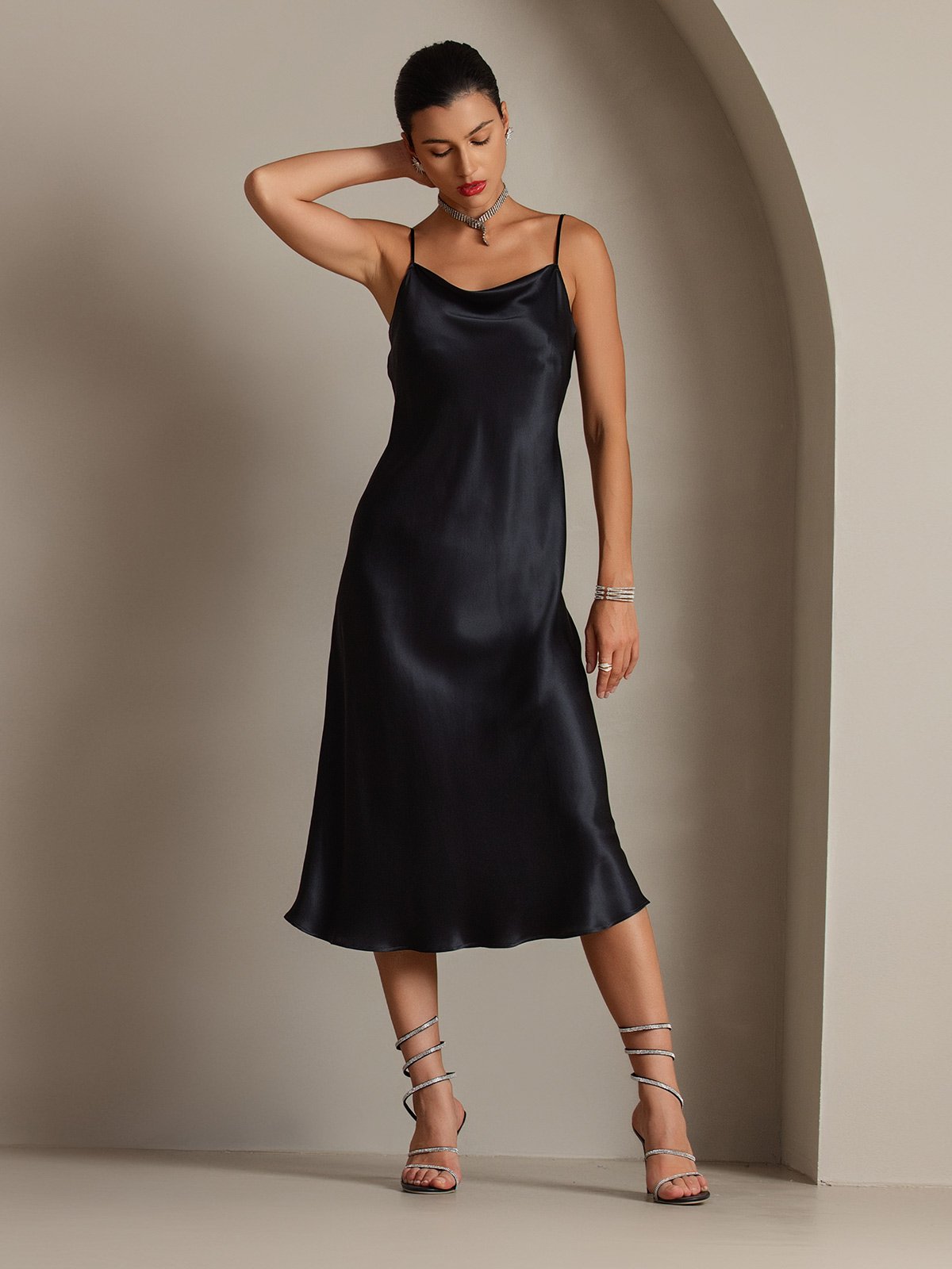 [Black] SilkSilky-UK Pure Silk Sleeveless Cowl Neck Dress 006