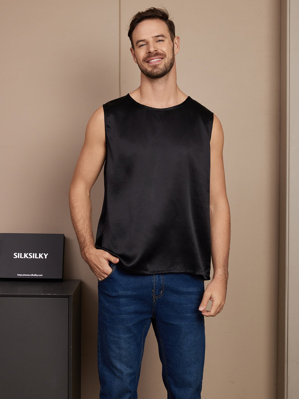 [Black] SilkSilky-UK Pure Silk Sleeveless Mens T-Shirt 001