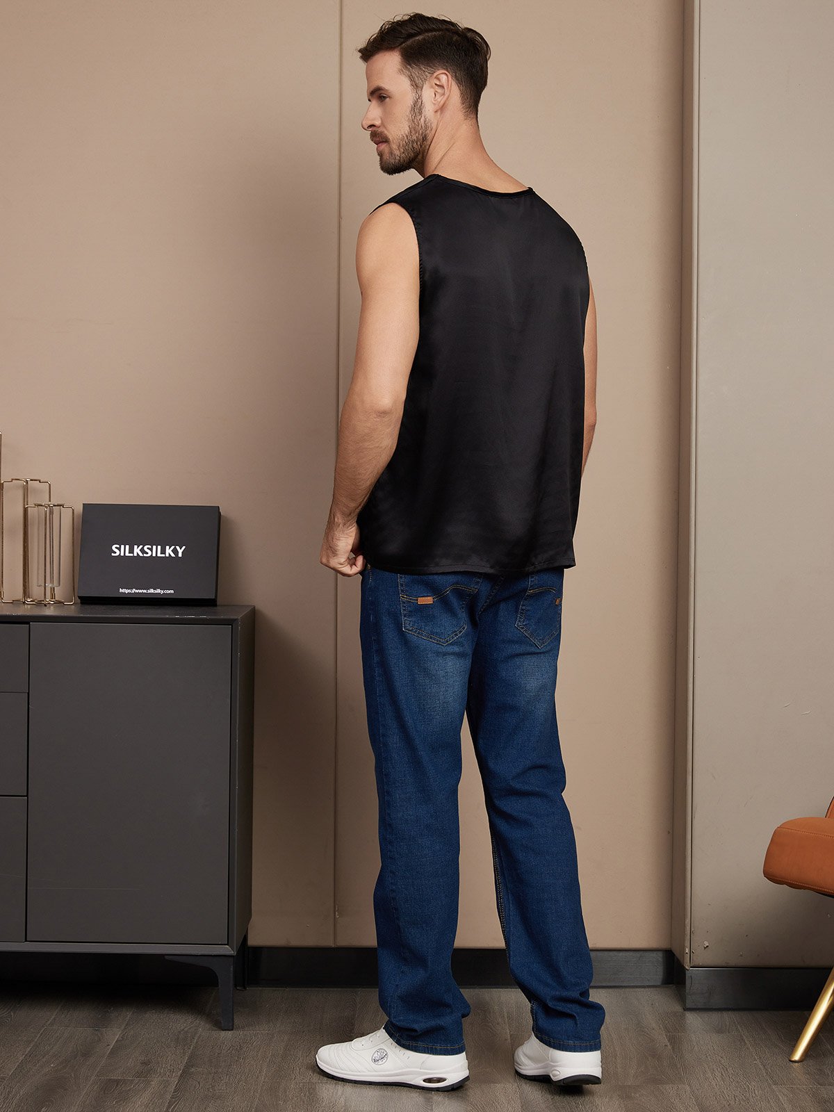 [Black] SilkSilky-UK Pure Silk Sleeveless Mens T-Shirt 002