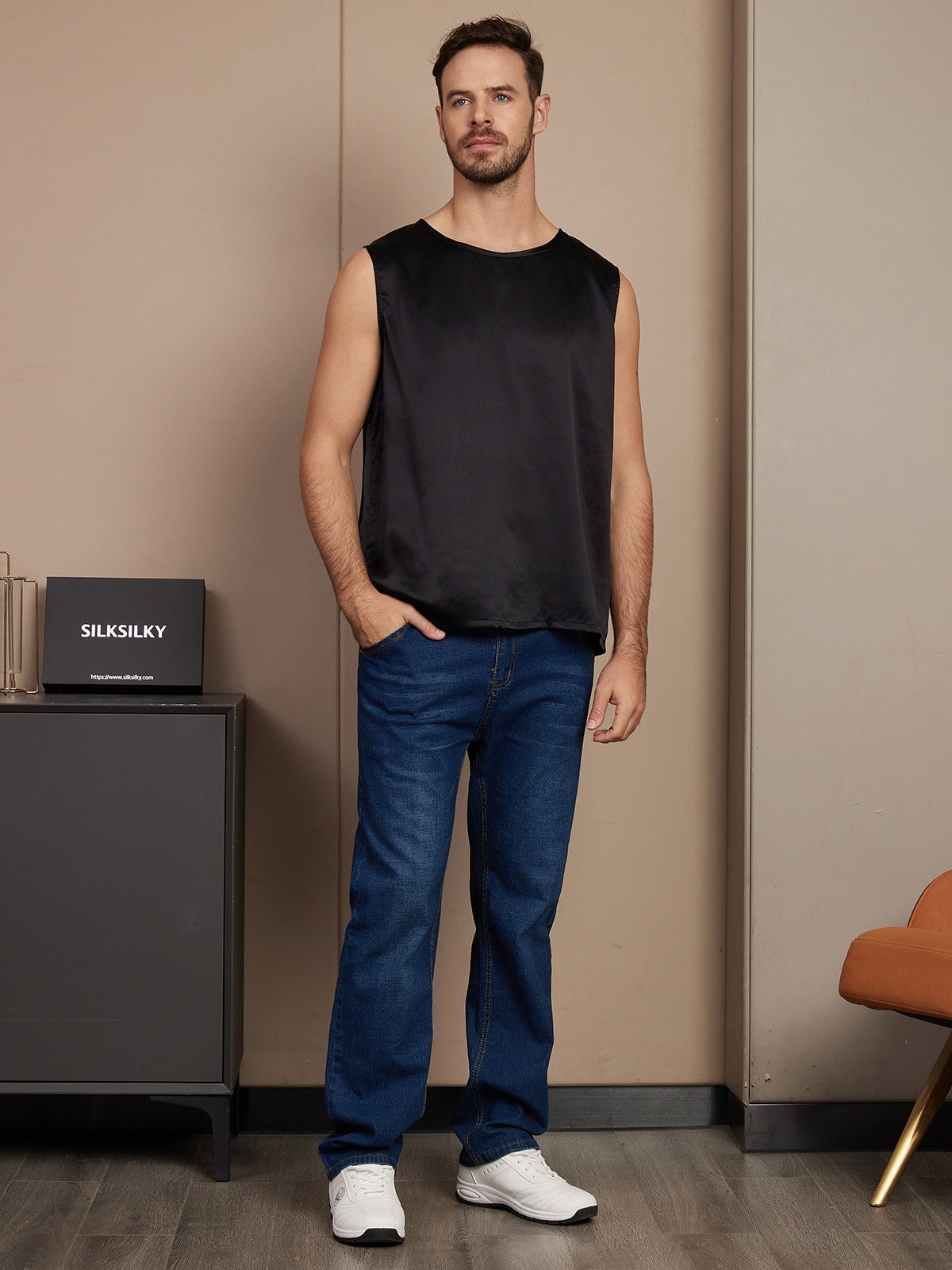 [Black] SilkSilky-UK Pure Silk Sleeveless Mens T-Shirt 003