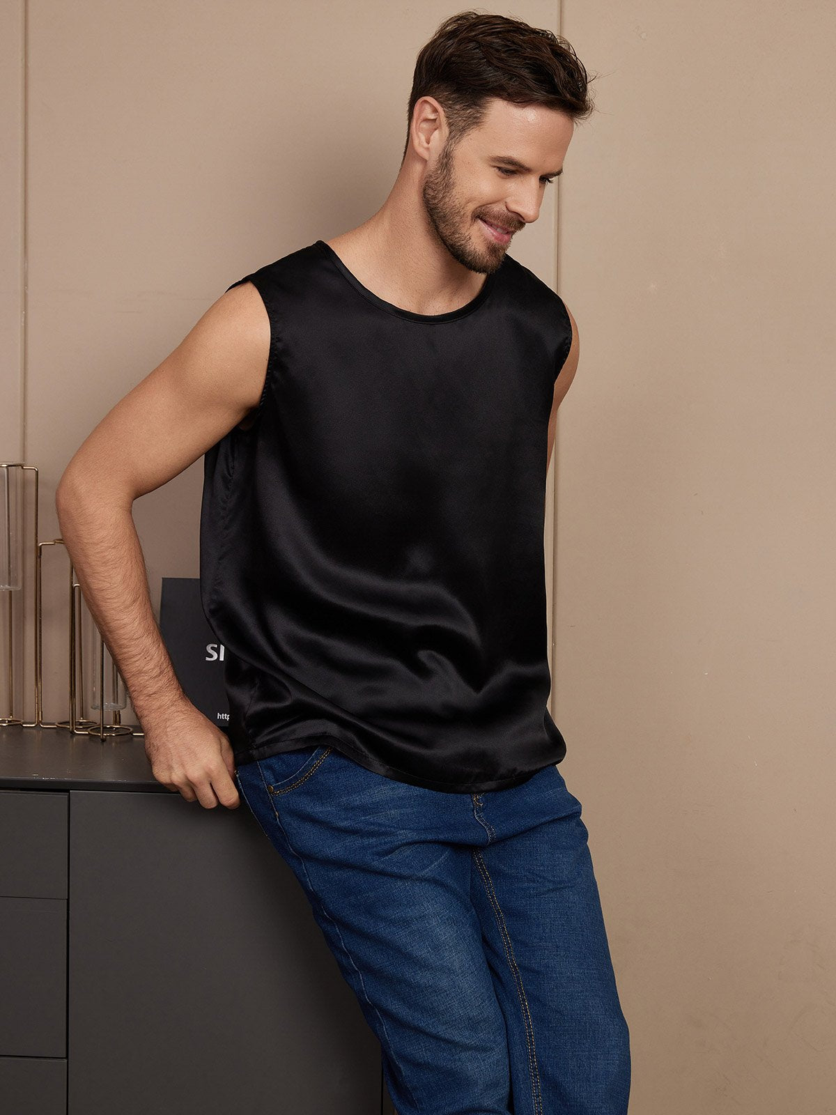 [Black] SilkSilky-UK Pure Silk Sleeveless Mens T-Shirt 005