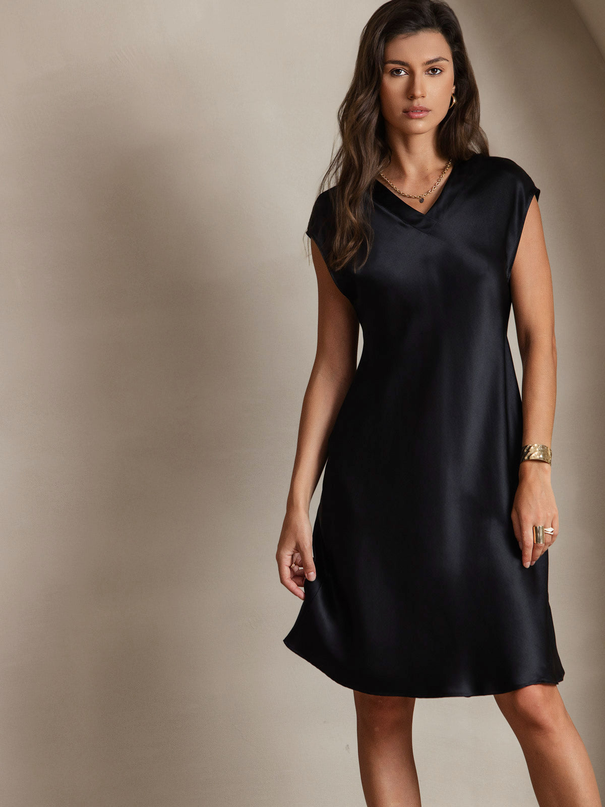 [Black] SilkSilky-UK Pure Silk Sleeveless V Neck Dress 003