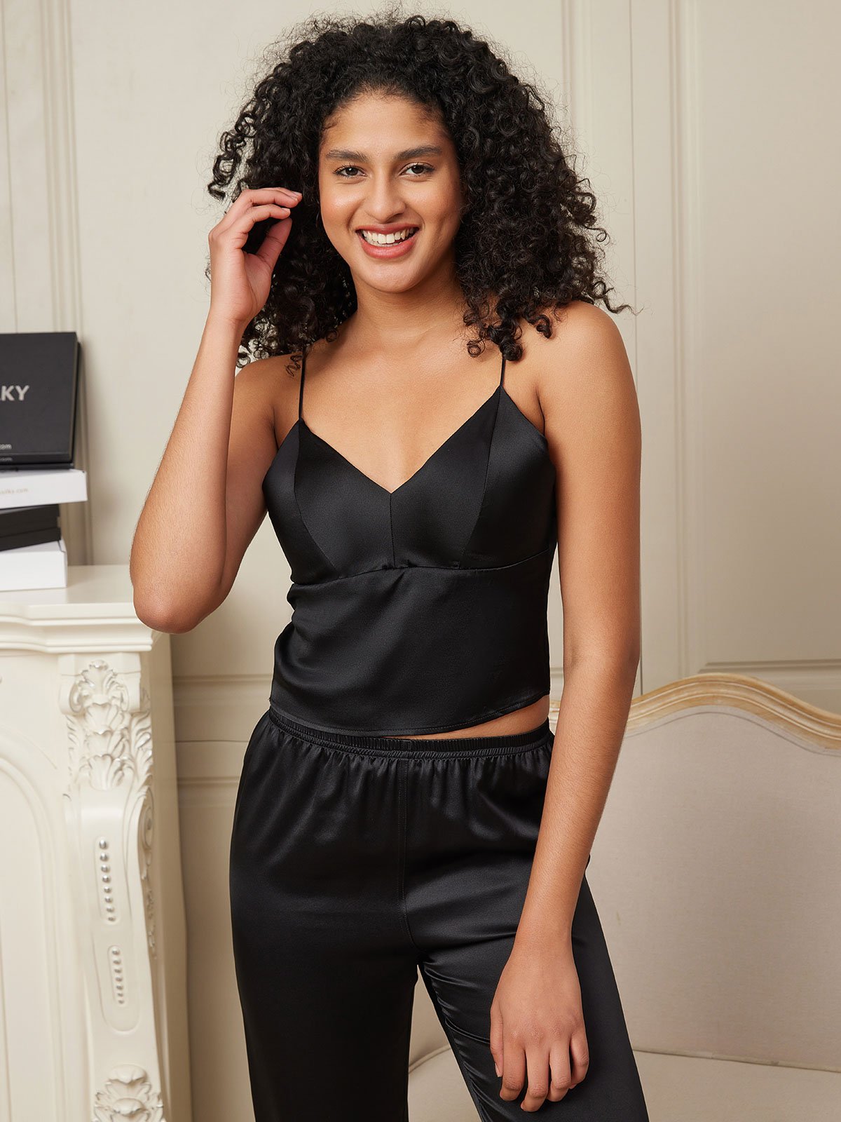 [Black] SilkSilky-UK Pure Silk V Neck Camisole 005