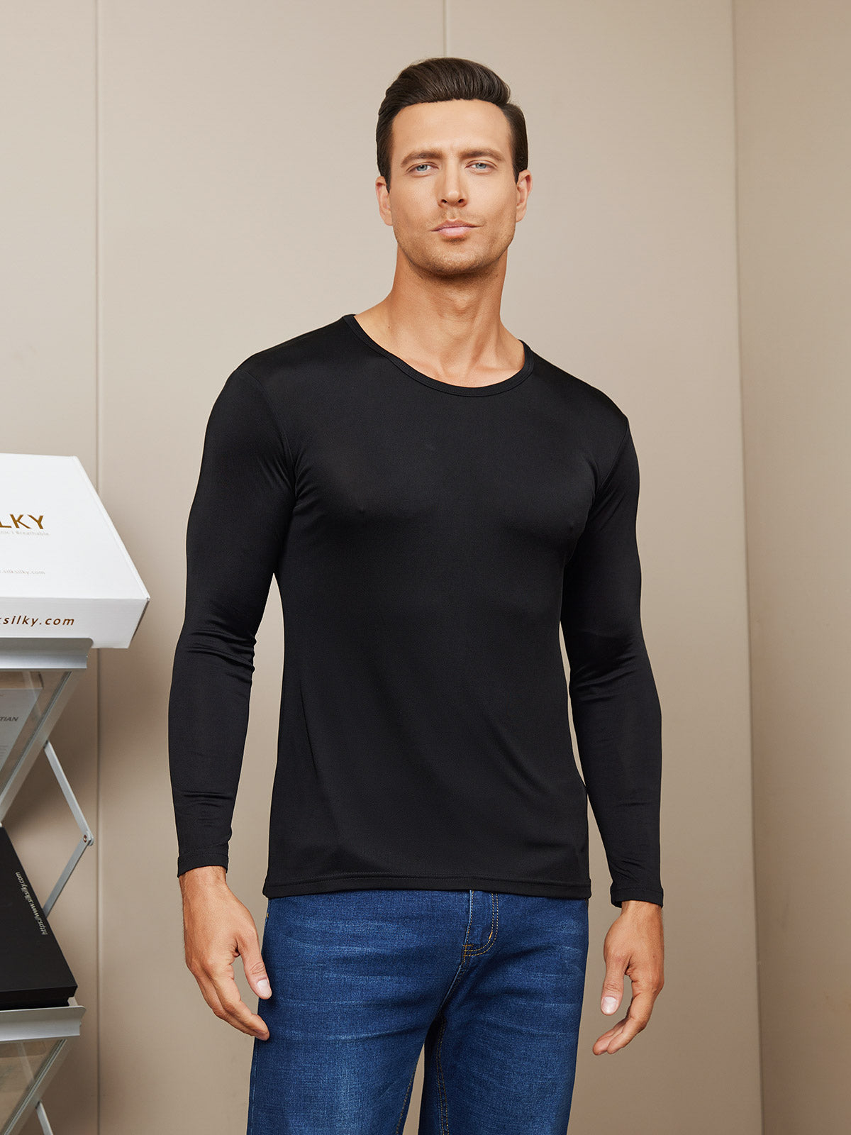 [Black] SilkSilky-UK Silk Knitted Long Sleeve Round Neck Men's T-Shirt 001