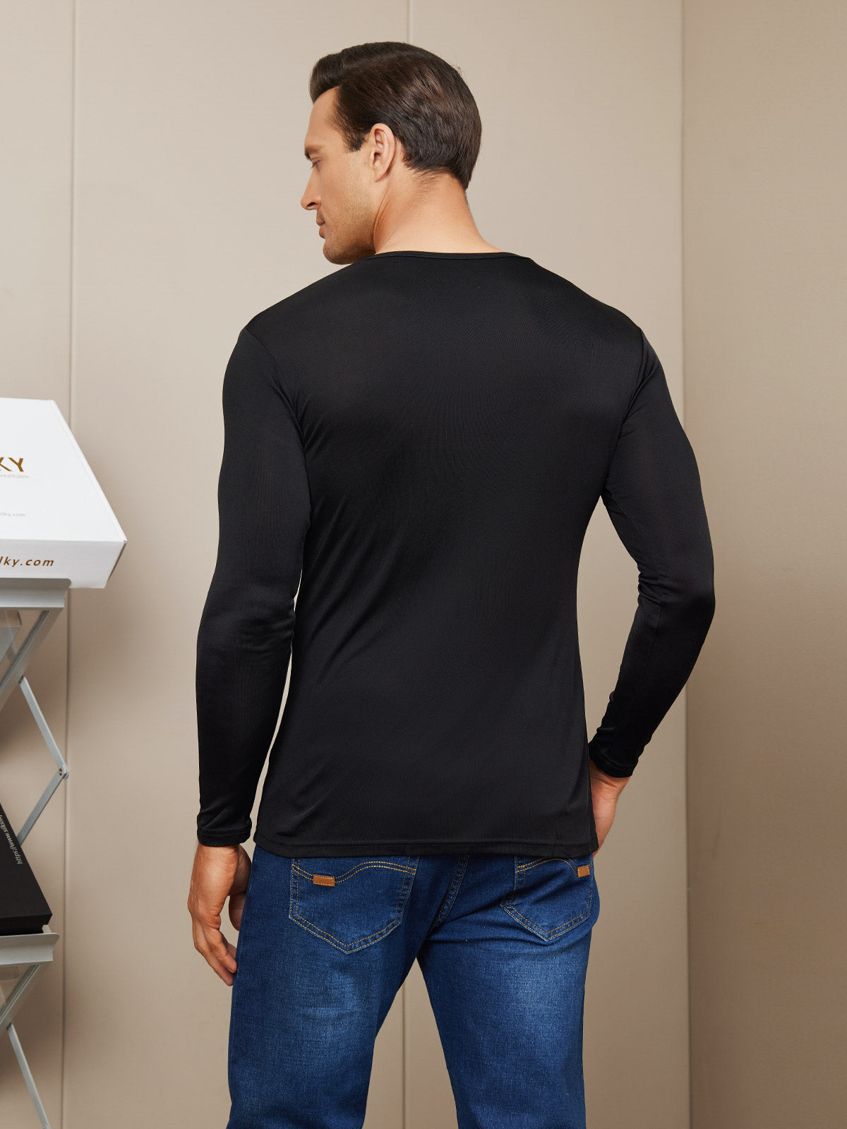[Black] SilkSilky-UK Silk Knitted Long Sleeve Round Neck Men's T-Shirt 002