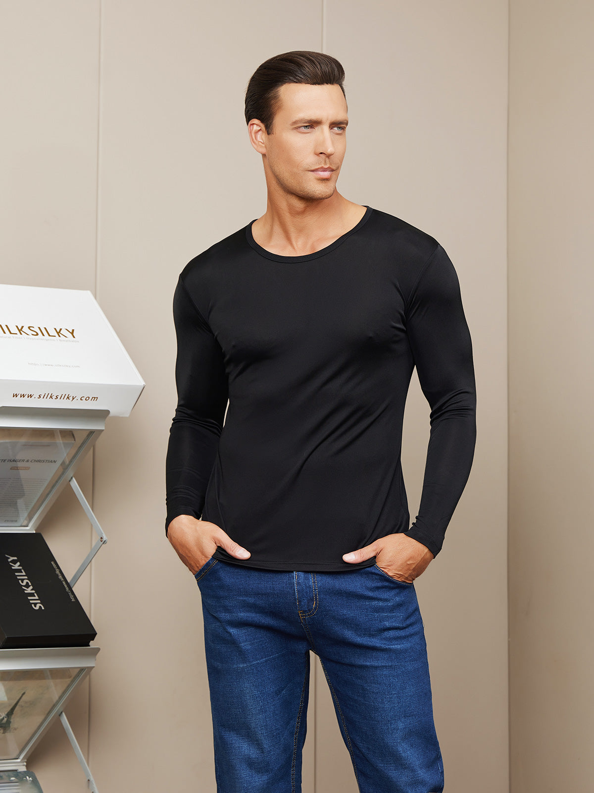 [Black] SilkSilky-UK Silk Knitted Long Sleeve Round Neck Men's T-Shirt 003
