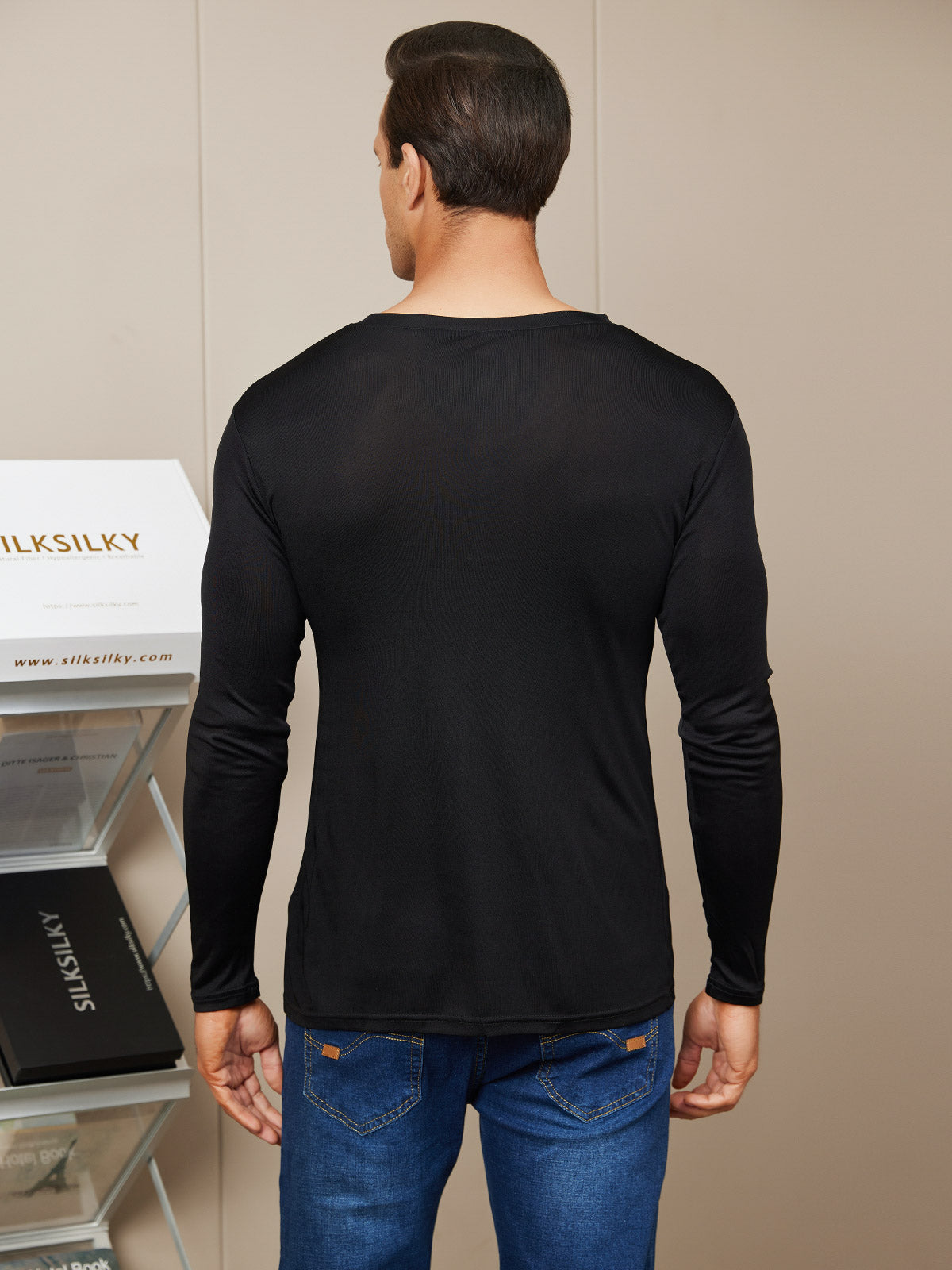 [Black] SilkSilky-UK Silk Knitted Long Sleeve V Neck Men's T-Shirt 002