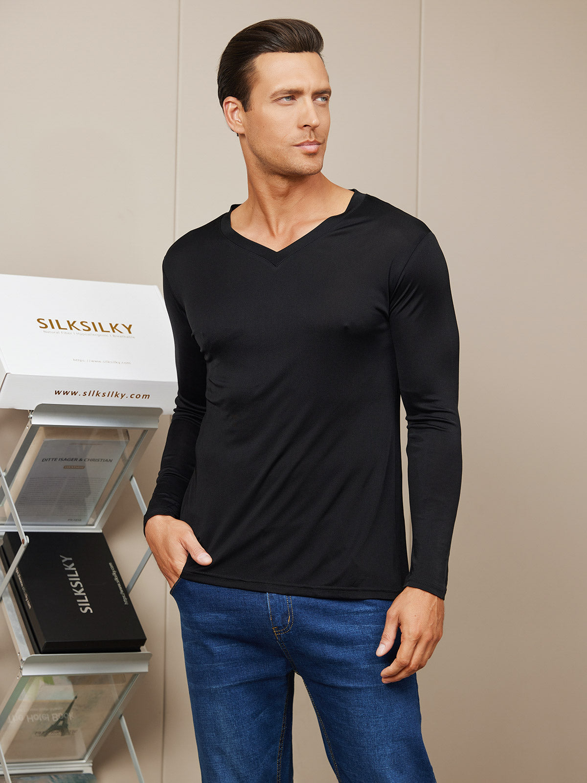 [Black] SilkSilky-UK Silk Knitted Long Sleeve V Neck Men's T-Shirt 003