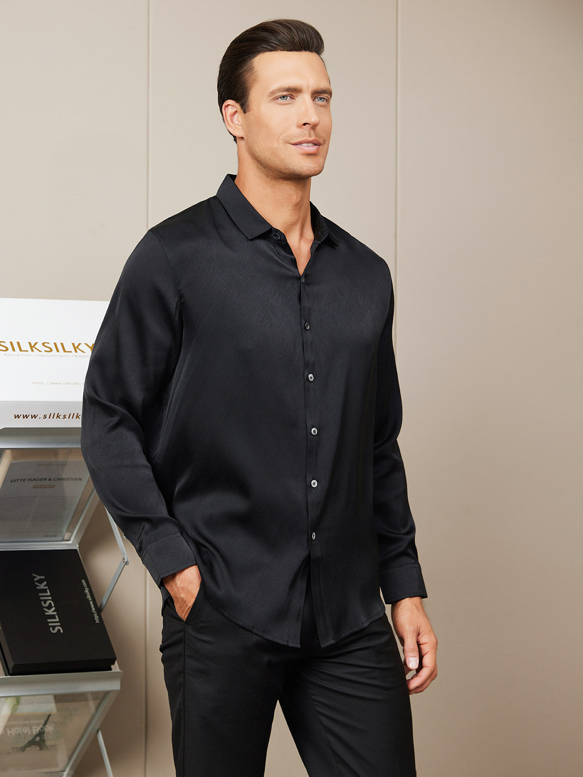 [Black] SilkSilky-UK Silk Long Sleeve Collar Men's Shirt 001