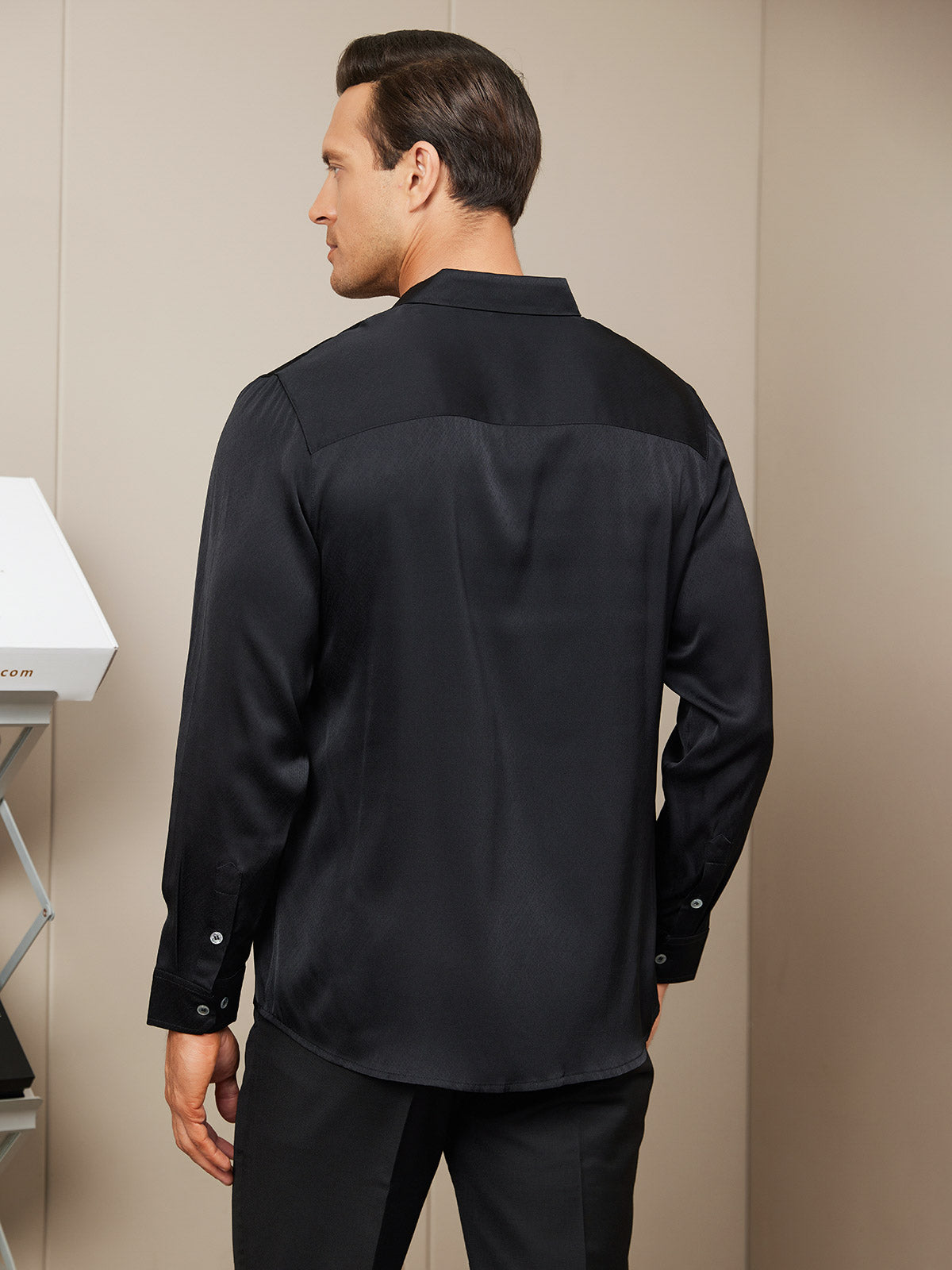[Black] SilkSilky-UK Silk Long Sleeve Collar Men's Shirt 002