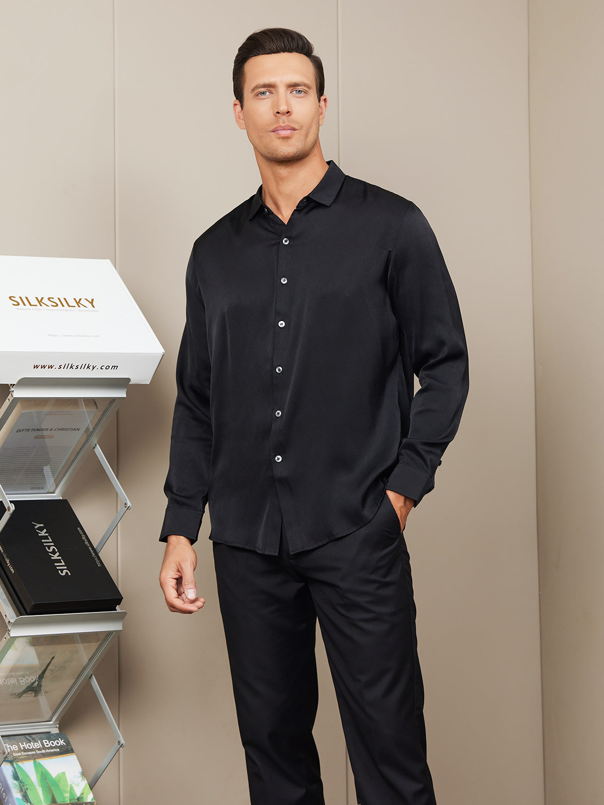 [Black] SilkSilky-UK Silk Long Sleeve Collar Men's Shirt 003