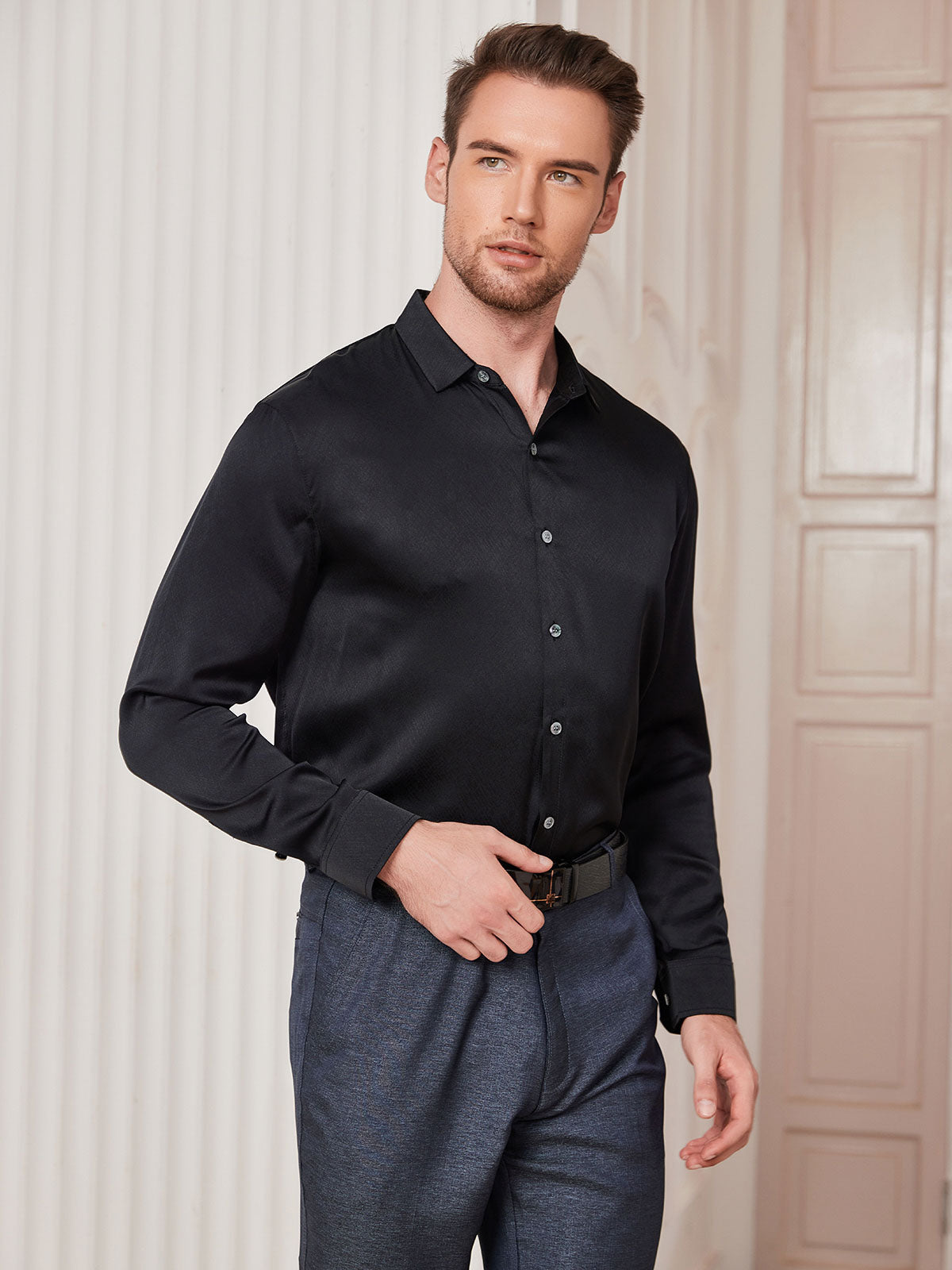 [Black] SilkSilky-UK Silk Long Sleeve Collar Men's Shirt 004