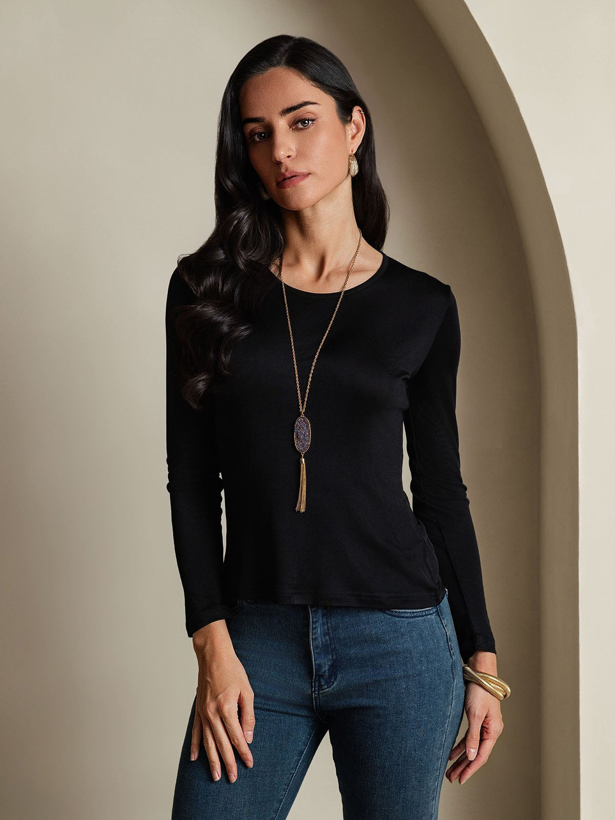 [Black] SilkSilky-UK Silk Long Sleeve Round Neck Women's T-Shirt 003