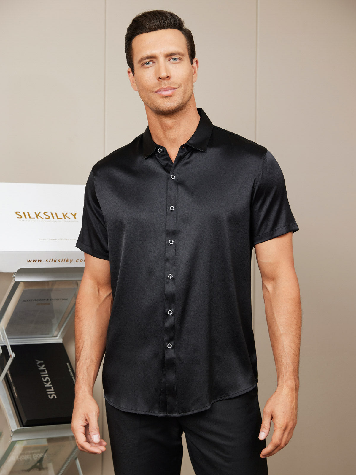 [Black] SilkSilky-UK Silk Short Sleeve Collar Men's Shirt 001