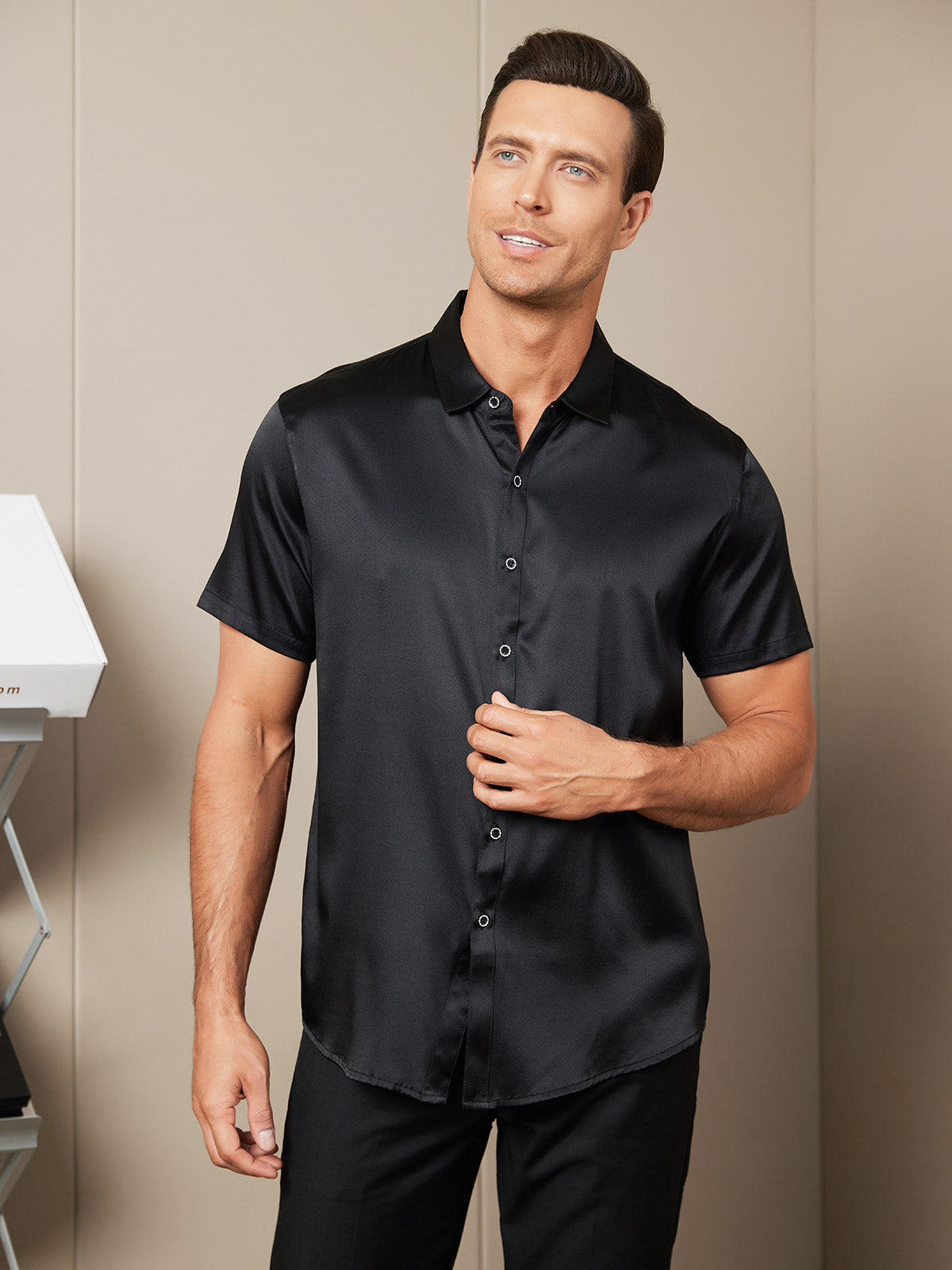 [Black] SilkSilky-UK Silk Short Sleeve Collar Men's Shirt 003