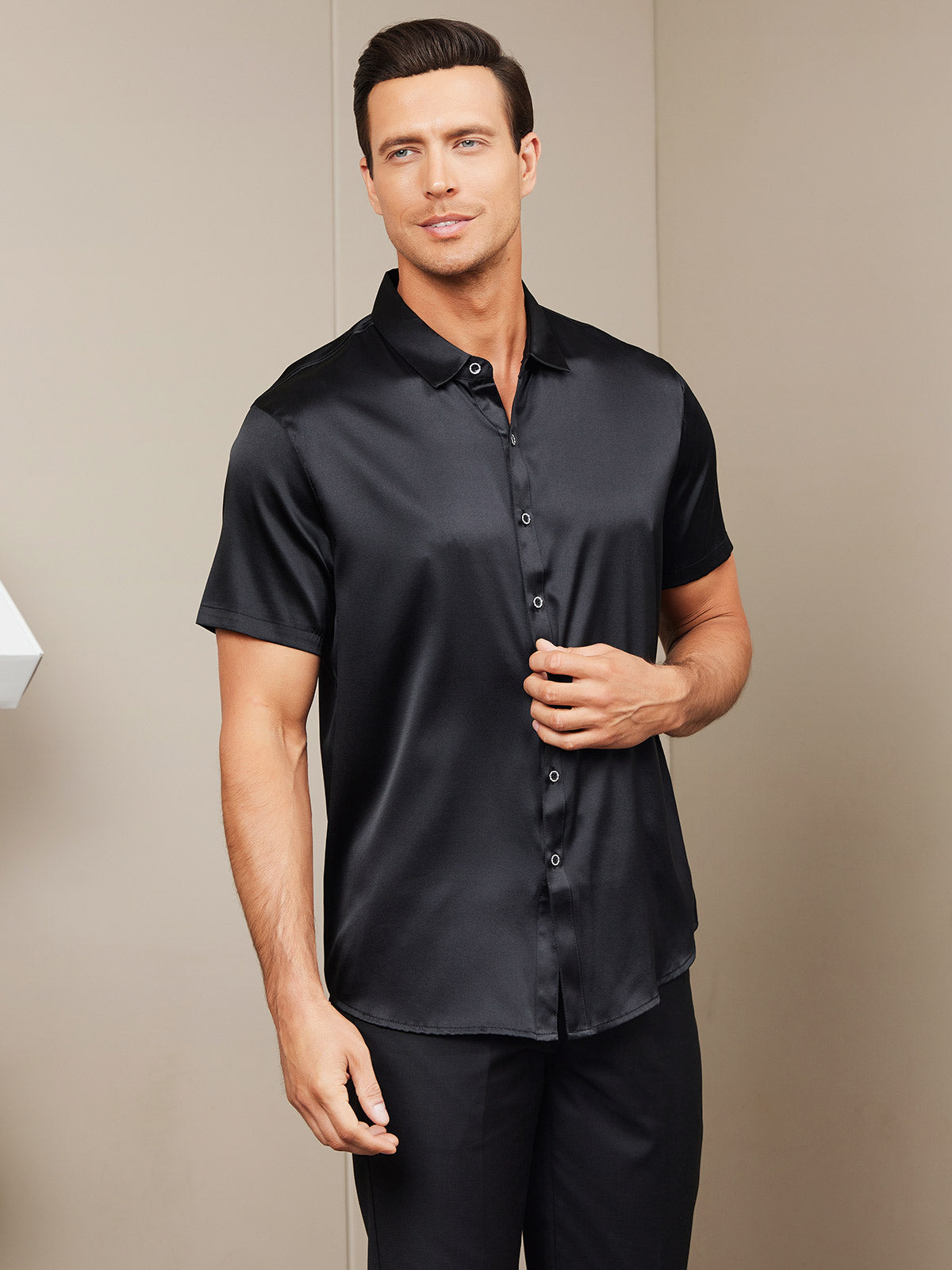[Black] SilkSilky-UK Silk Short Sleeve Collar Men's Shirt 004