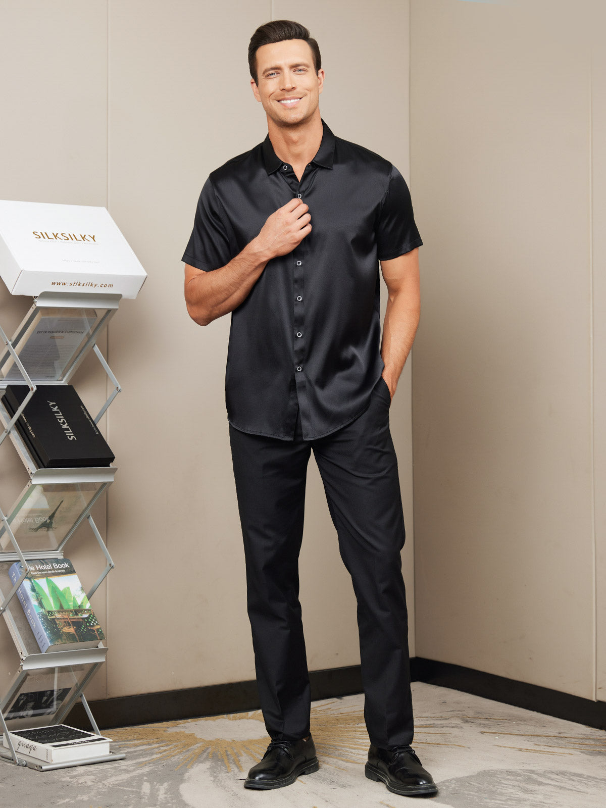 [Black] SilkSilky-UK Silk Short Sleeve Collar Men's Shirt 007