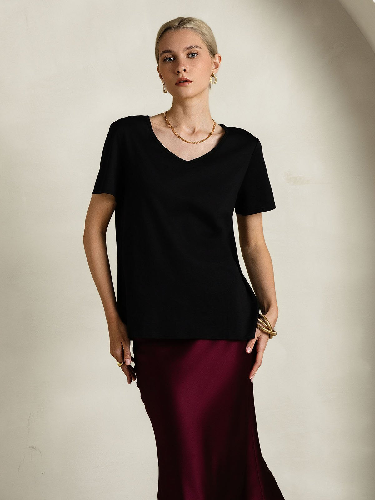[Black] SilkSilky-UK Silk Short Sleeve V Neck Women's T-Shirt 005