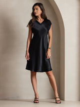 [Black] SilkSilky-UK Cap Sleeve V Neck Dress 006