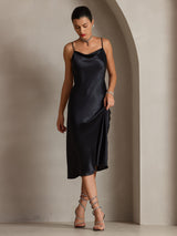 [Black] SilkSilky-UK Spaghetti Strap Cowl Neck Dress 004