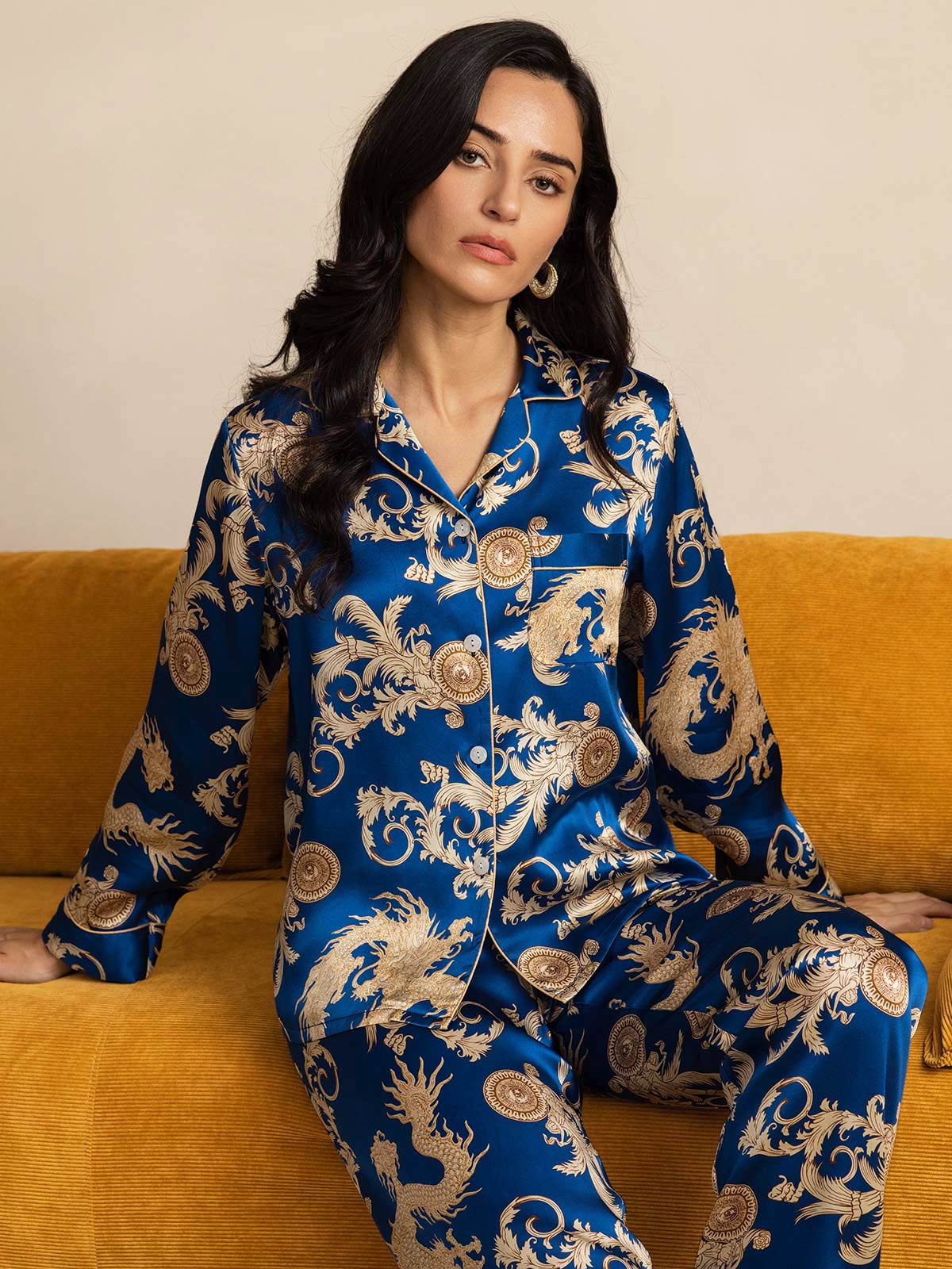 [Blue] SilkSilky-UK Pure Silk Long Sleeve Lapel Women's Pyjamas 001