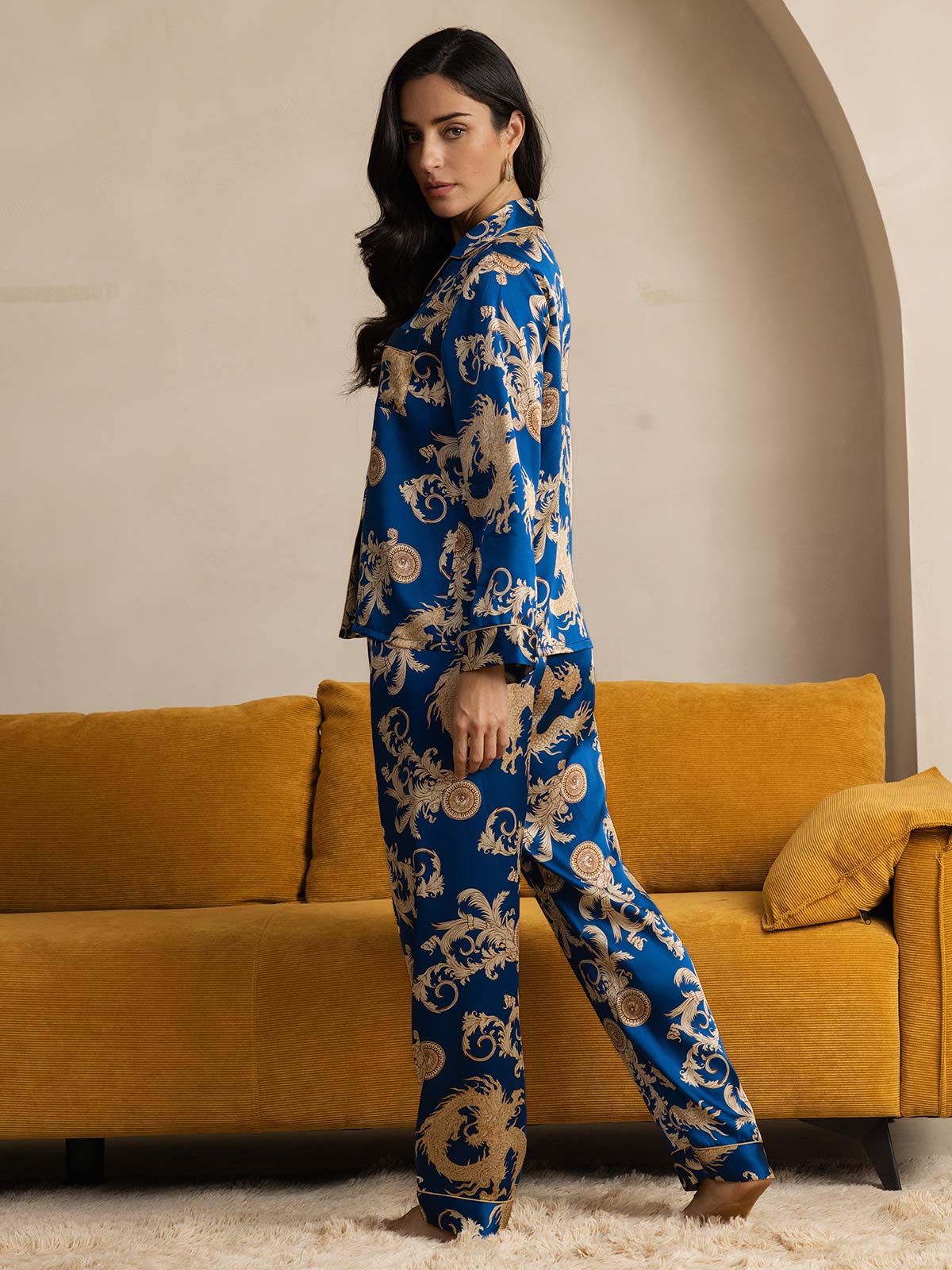 [Blue] SilkSilky-UK Pure Silk Long Sleeve Lapel Women's Pyjamas 002