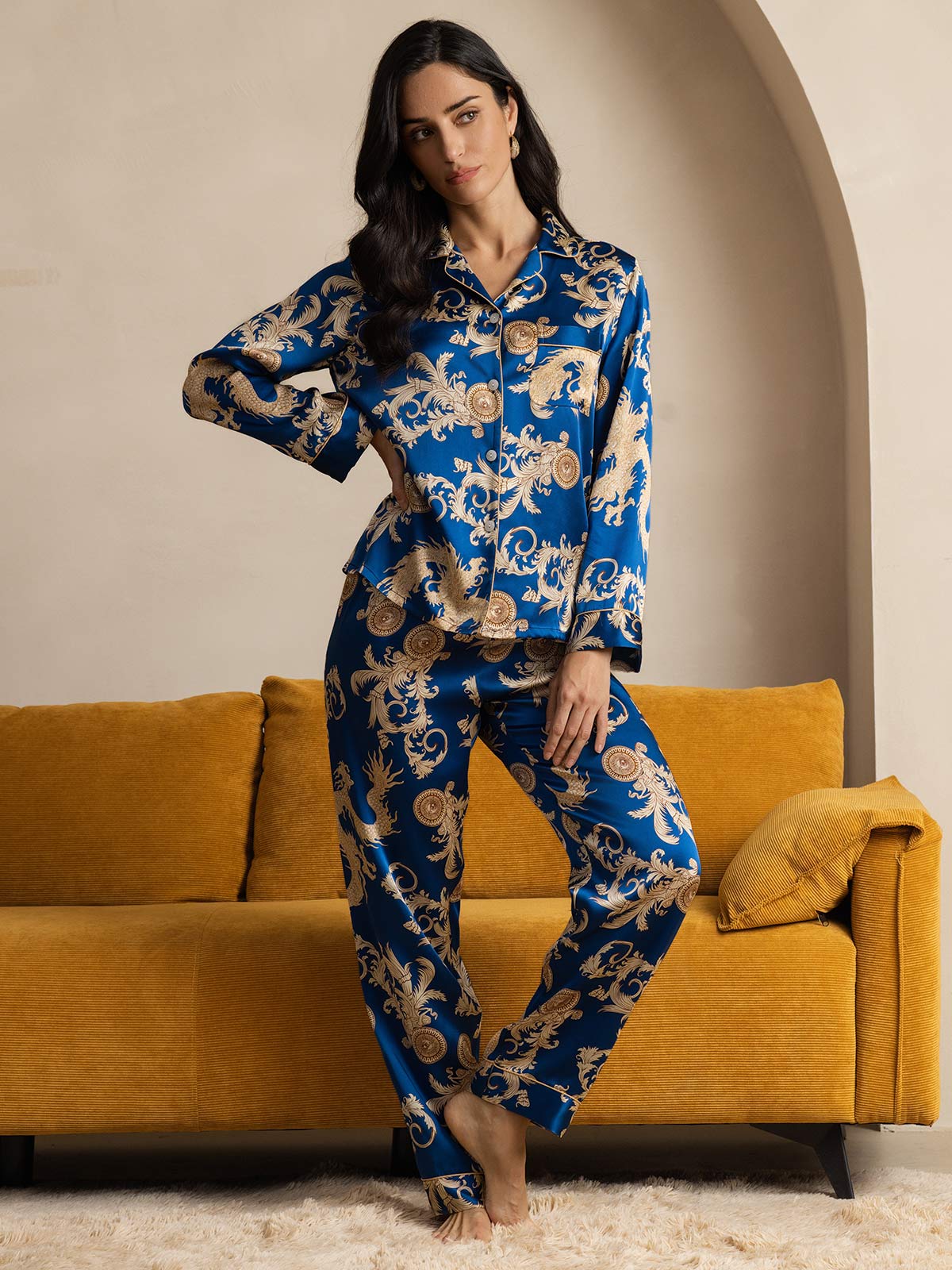 [Blue] SilkSilky-UK Pure Silk Long Sleeve Lapel Women's Pyjamas 006