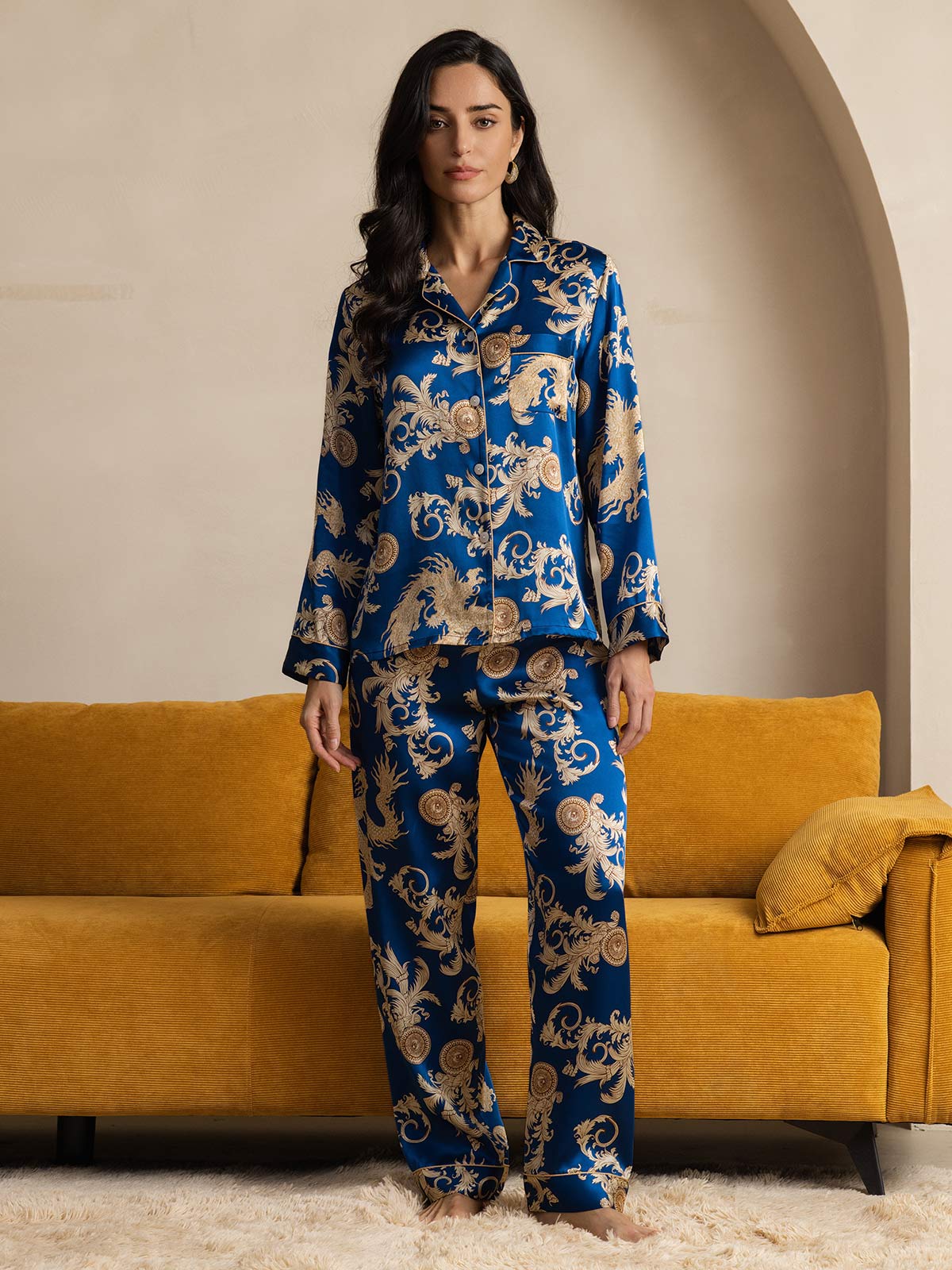 [Blue] SilkSilky-UK Pure Silk Long Sleeve Lapel Women's Pyjamas 007