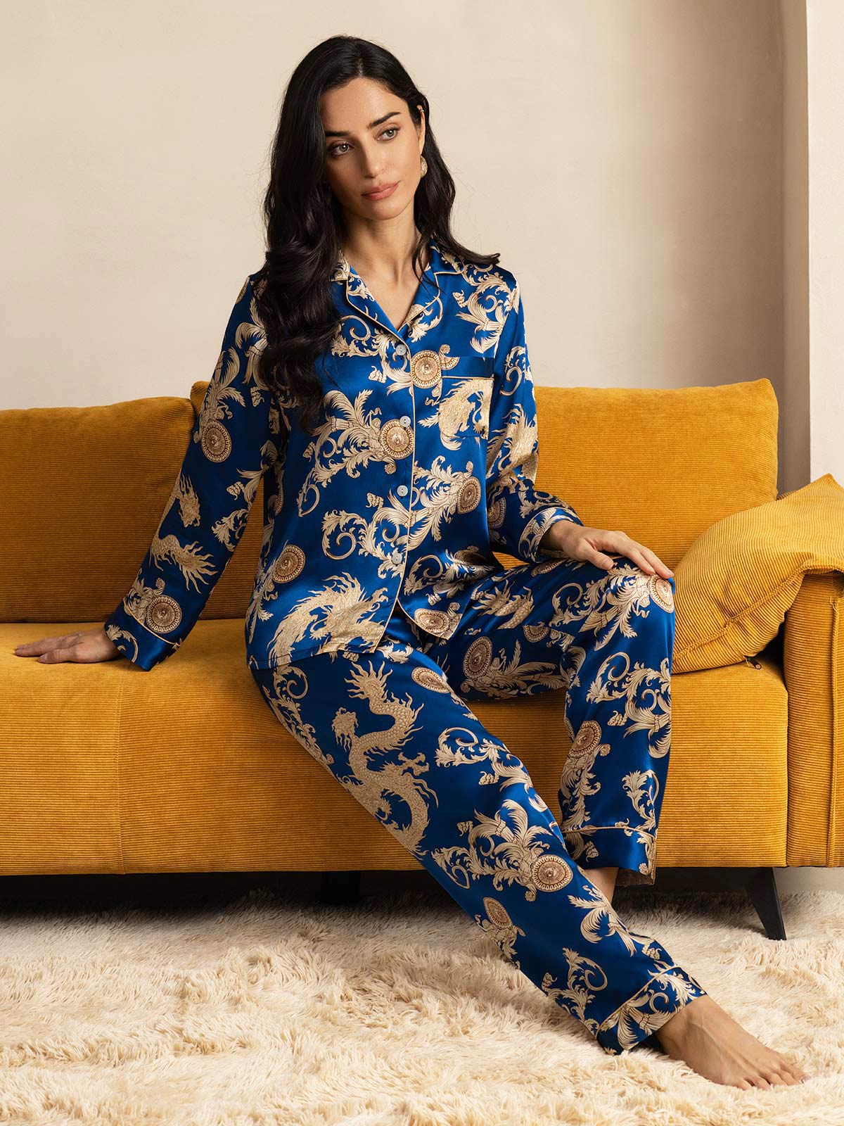 [Blue] SilkSilky-UK Pure Silk Long Sleeve Lapel Women's Pyjamas 008