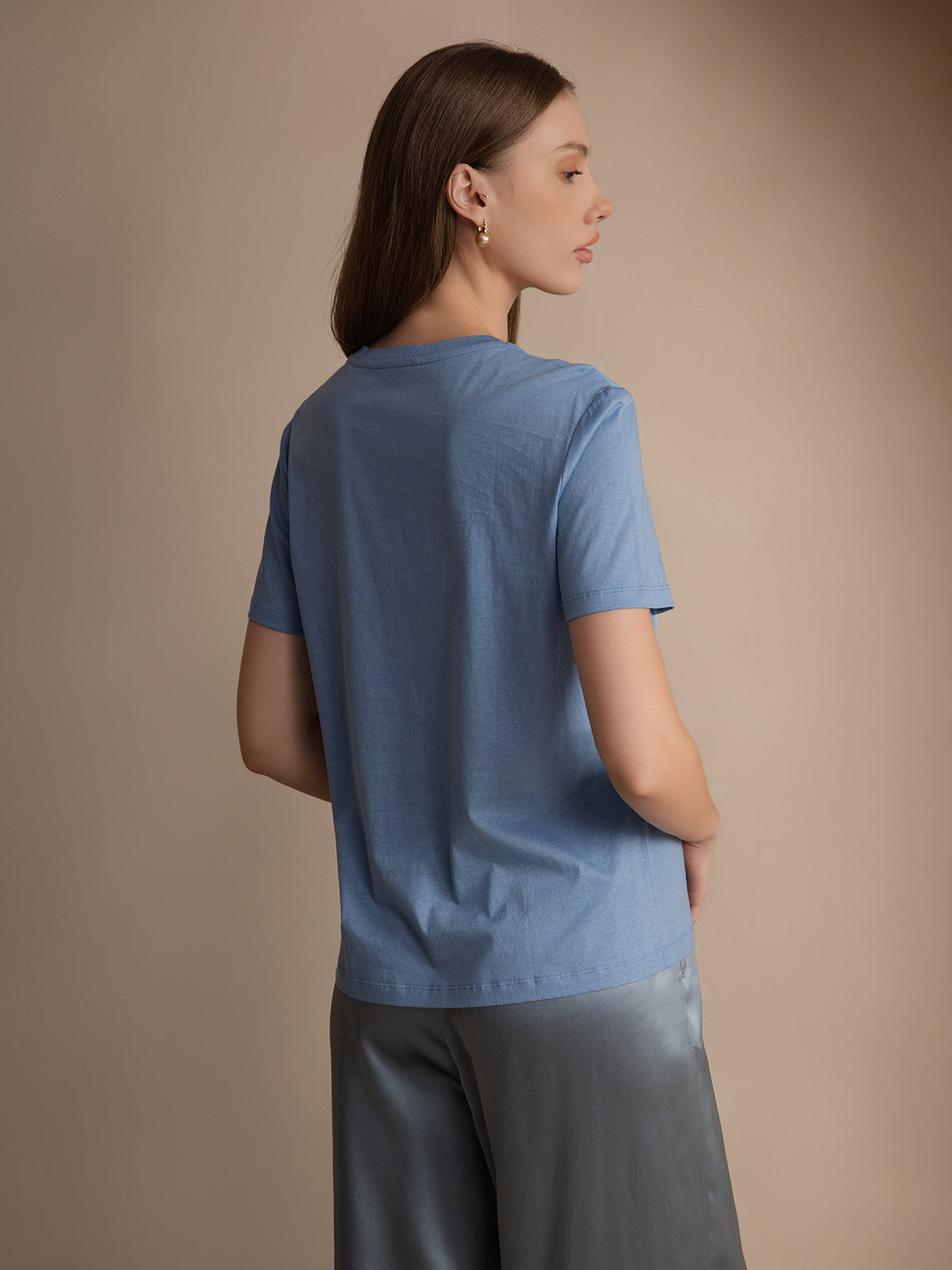 [Blue] SilkSilky-UK Silk Knitted Short Sleeve Round Neck Women's T-Shirt 002