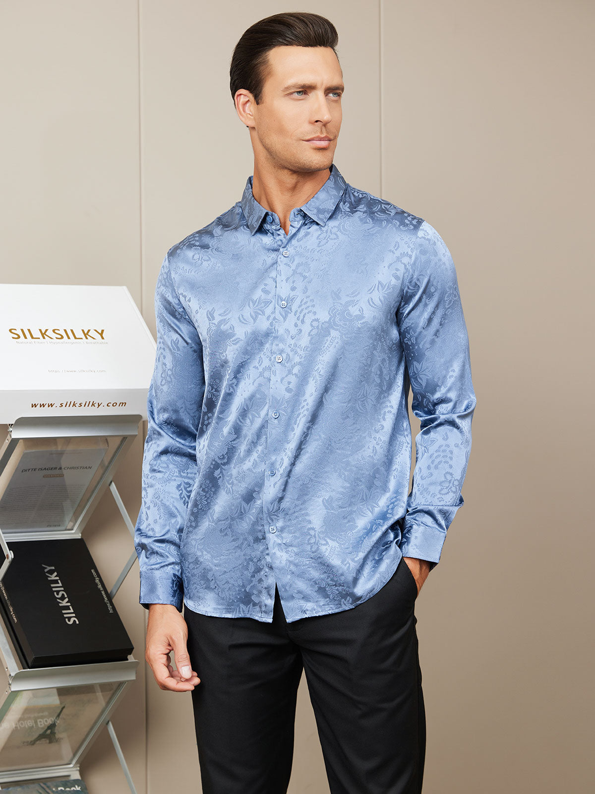 [Blue] SilkSilky-UK Silk Long Sleeve Collar Men's Shirt 001