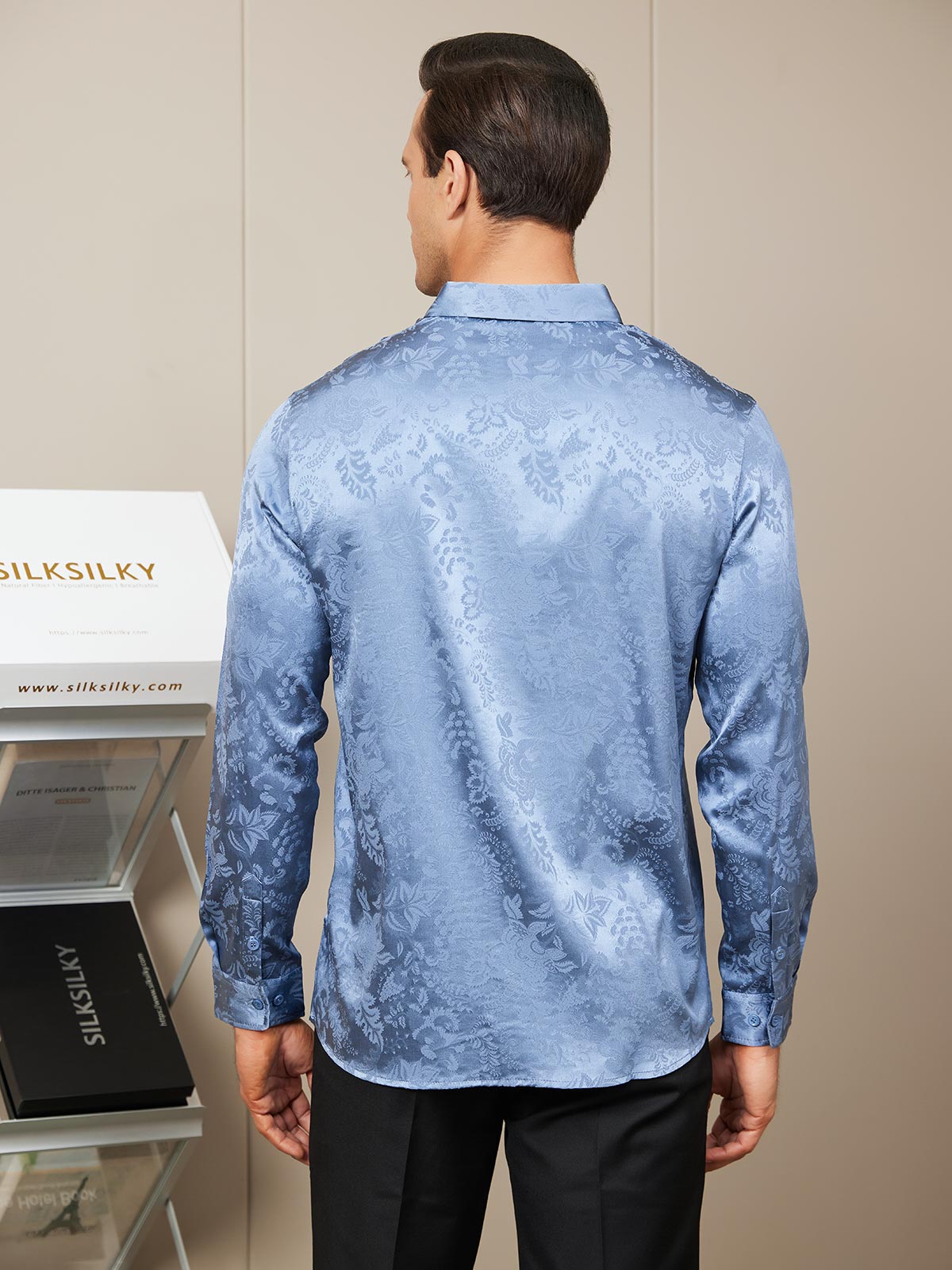 [Blue] SilkSilky-UK Silk Long Sleeve Collar Men's Shirt 002