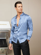 [Blue] SilkSilky-UK Silk Long Sleeve Collar Men's Shirt 004