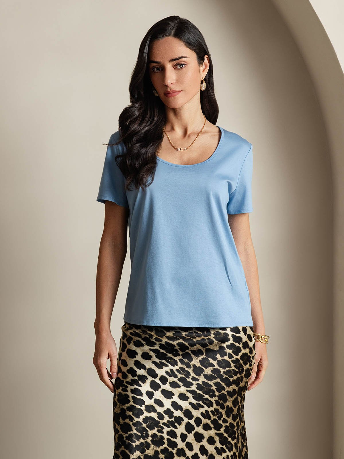 [Blue] SilkSilky-UK Silk Short Sleeve U Neck Women's T-Shirt 001