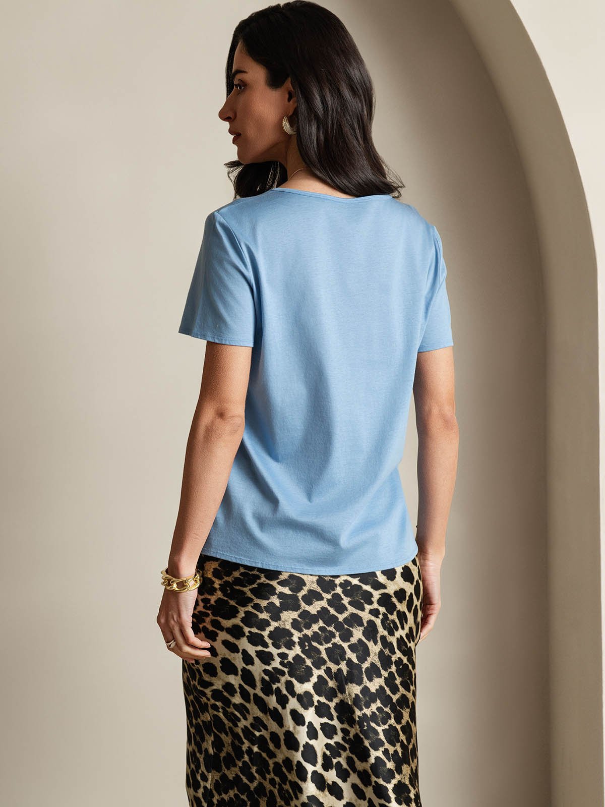 [Blue] SilkSilky-UK Silk Short Sleeve U Neck Women's T-Shirt 002