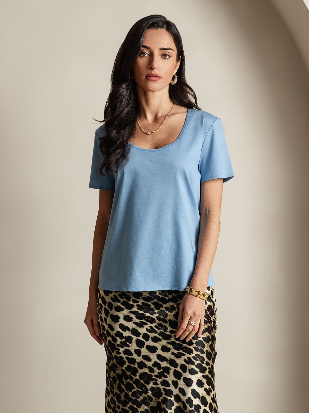 [Blue] SilkSilky-UK Silk Short Sleeve U Neck Women's T-Shirt 003