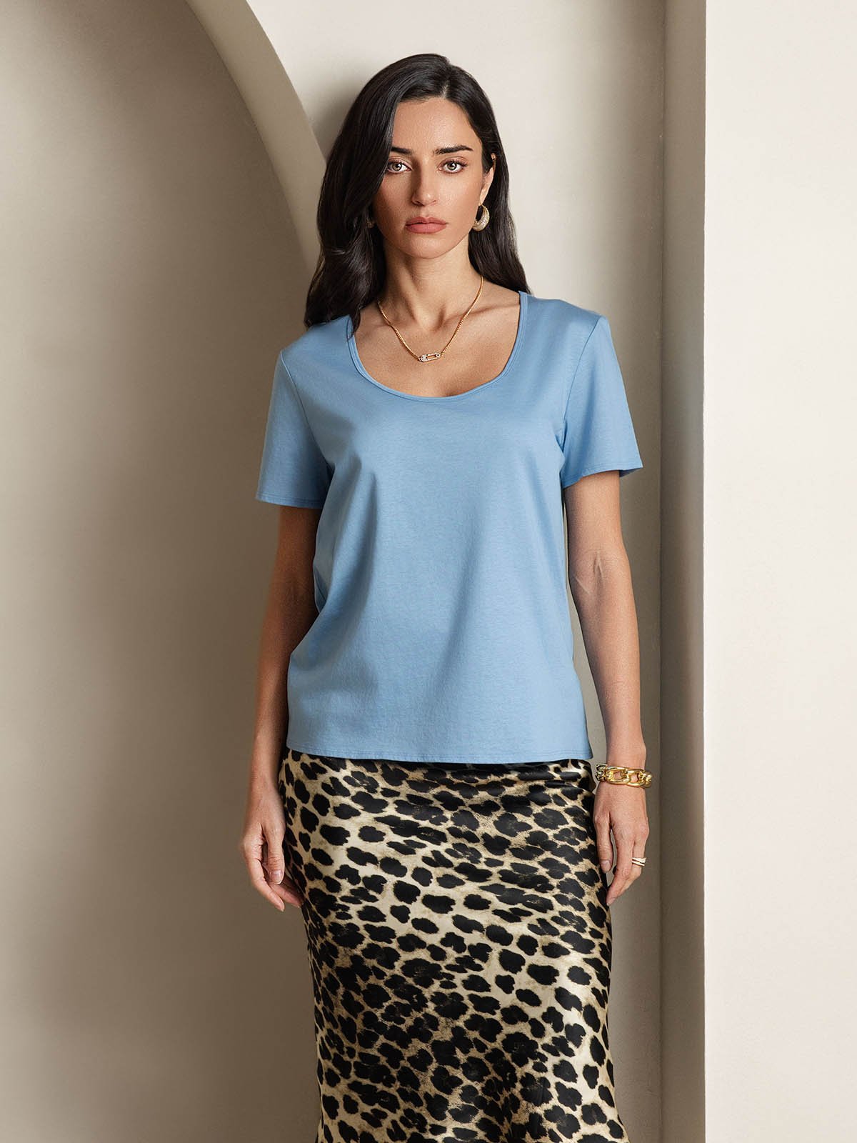 [Blue] SilkSilky-UK Silk Short Sleeve U Neck Women's T-Shirt 006