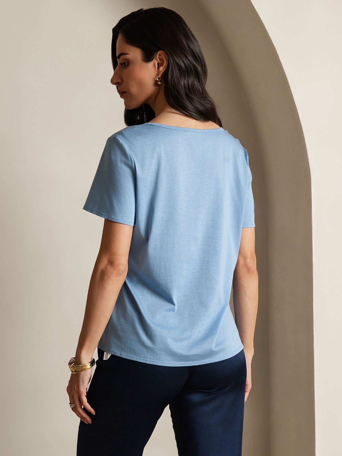 [Blue] SilkSilky-UK Silk Short Sleeve V Neck Women's T-Shirt 002