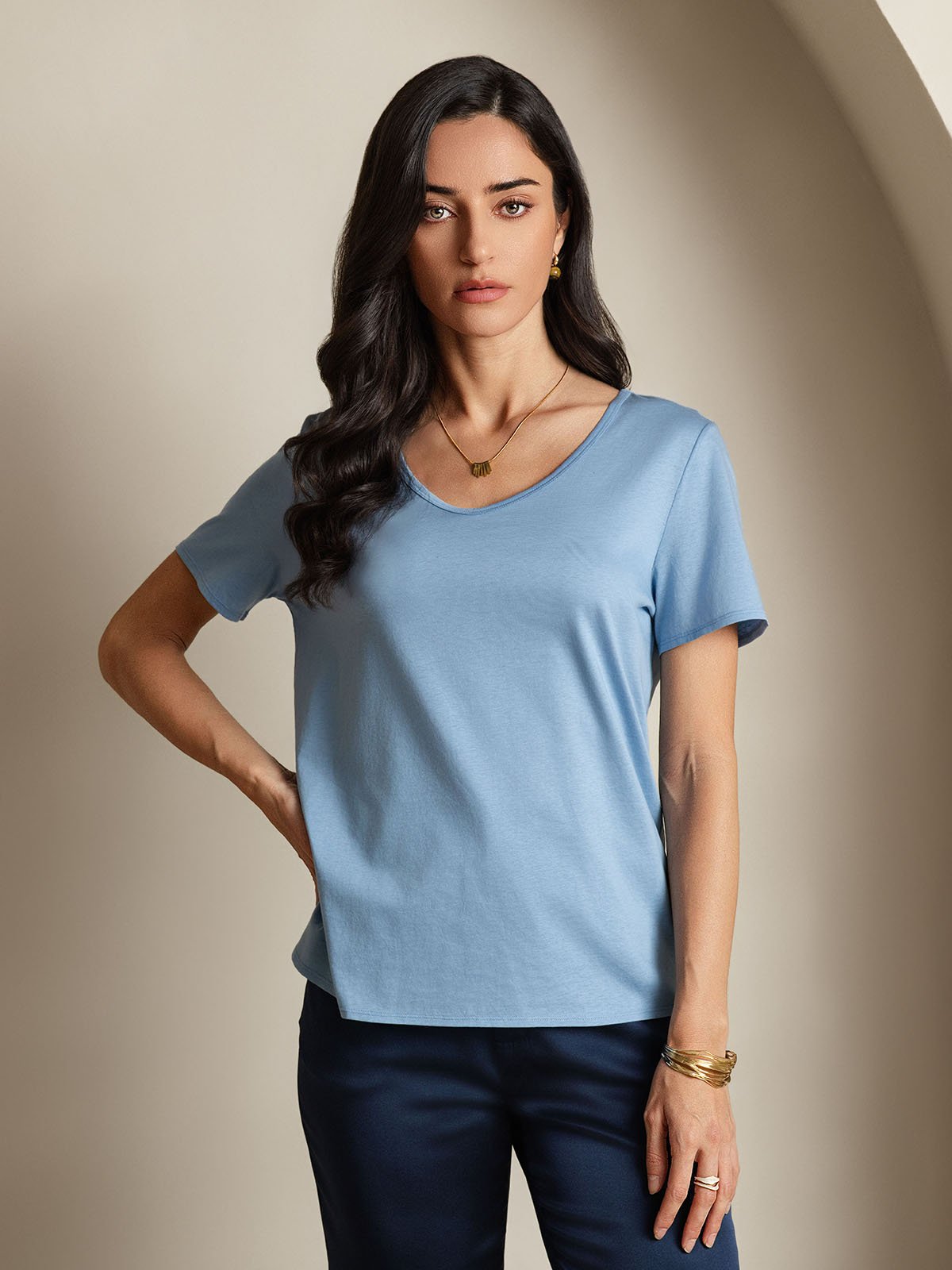 [Blue] SilkSilky-UK Silk Short Sleeve V Neck Women's T-Shirt 003