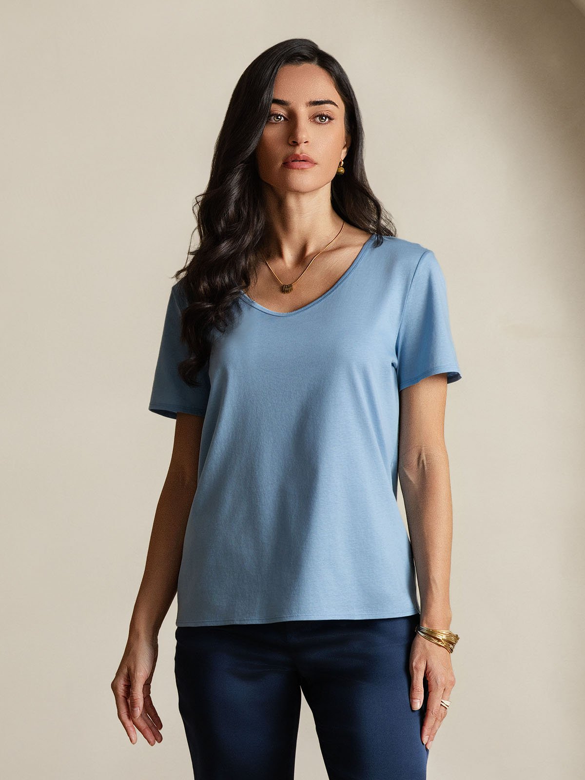 [Blue] SilkSilky-UK Silk Short Sleeve V Neck Women's T-Shirt 004